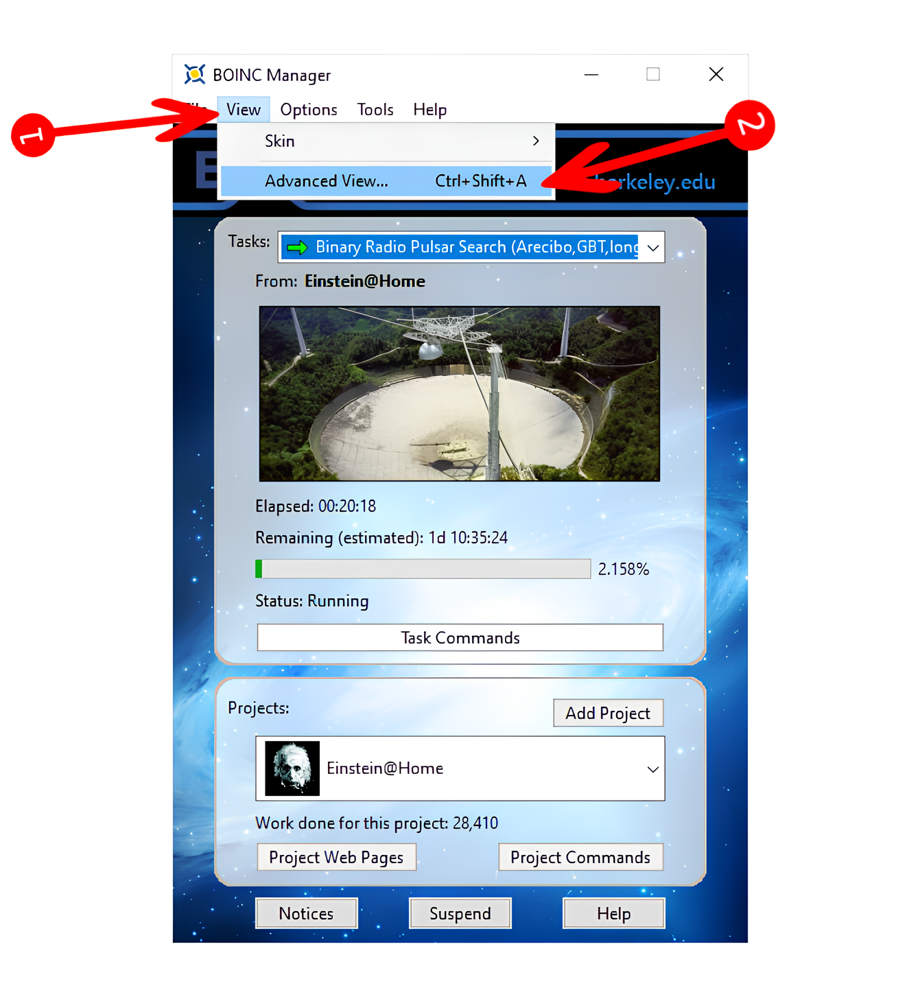 Advanced view being activated on BOINC.