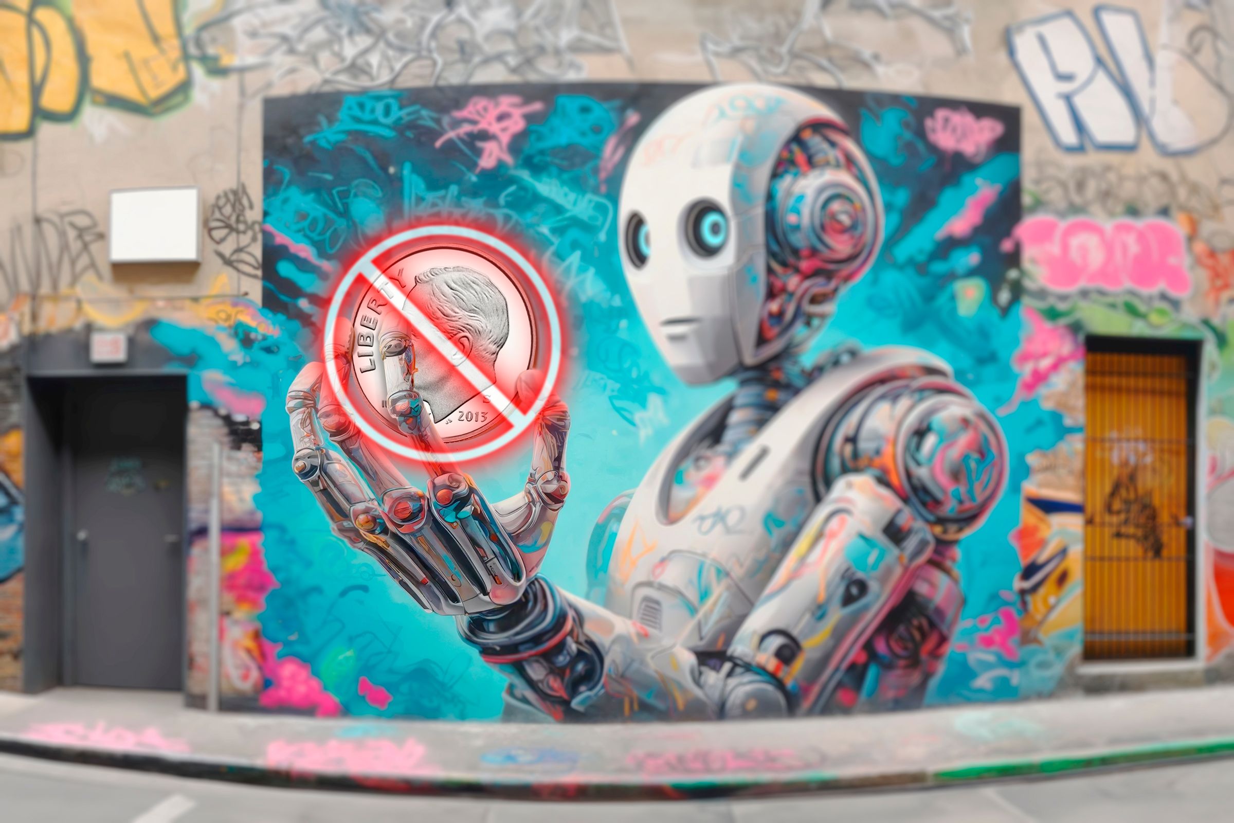AI-generated art of a robot in graffiti style holding a coin