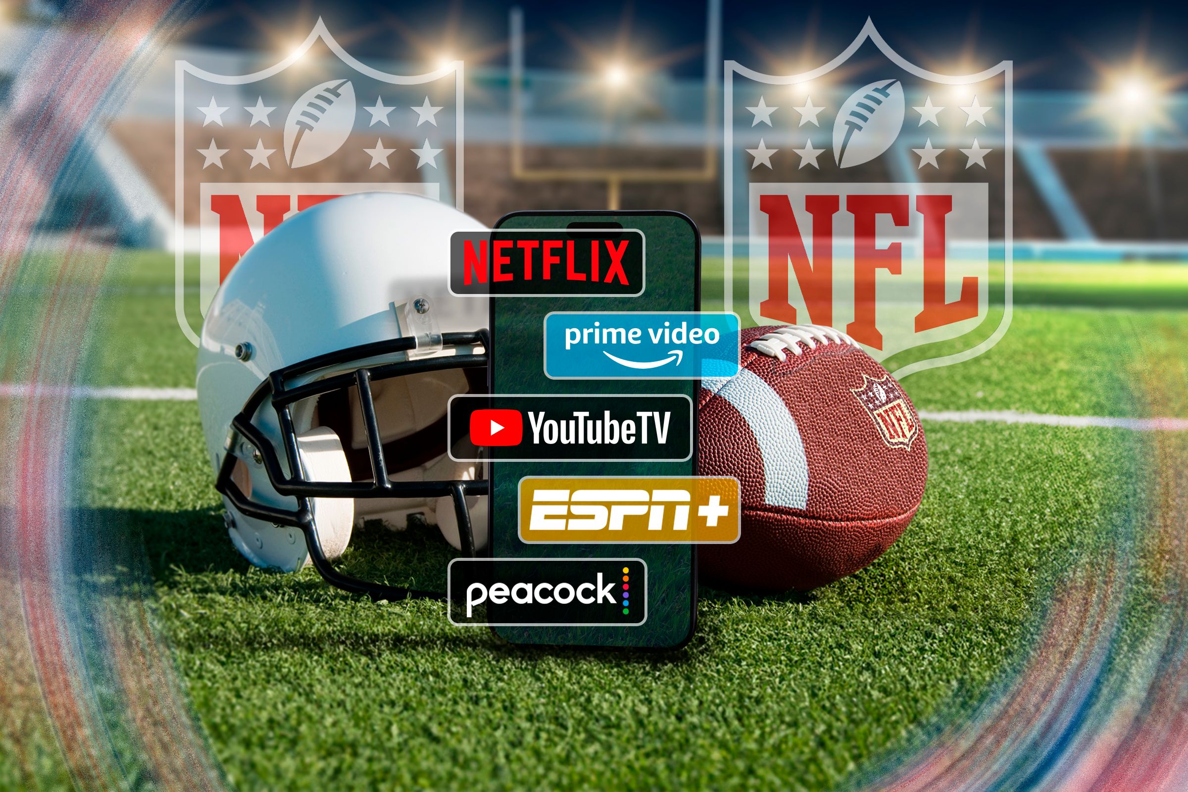 American football helmet and ball on a field with a phone in front and the logos of some streaming services.