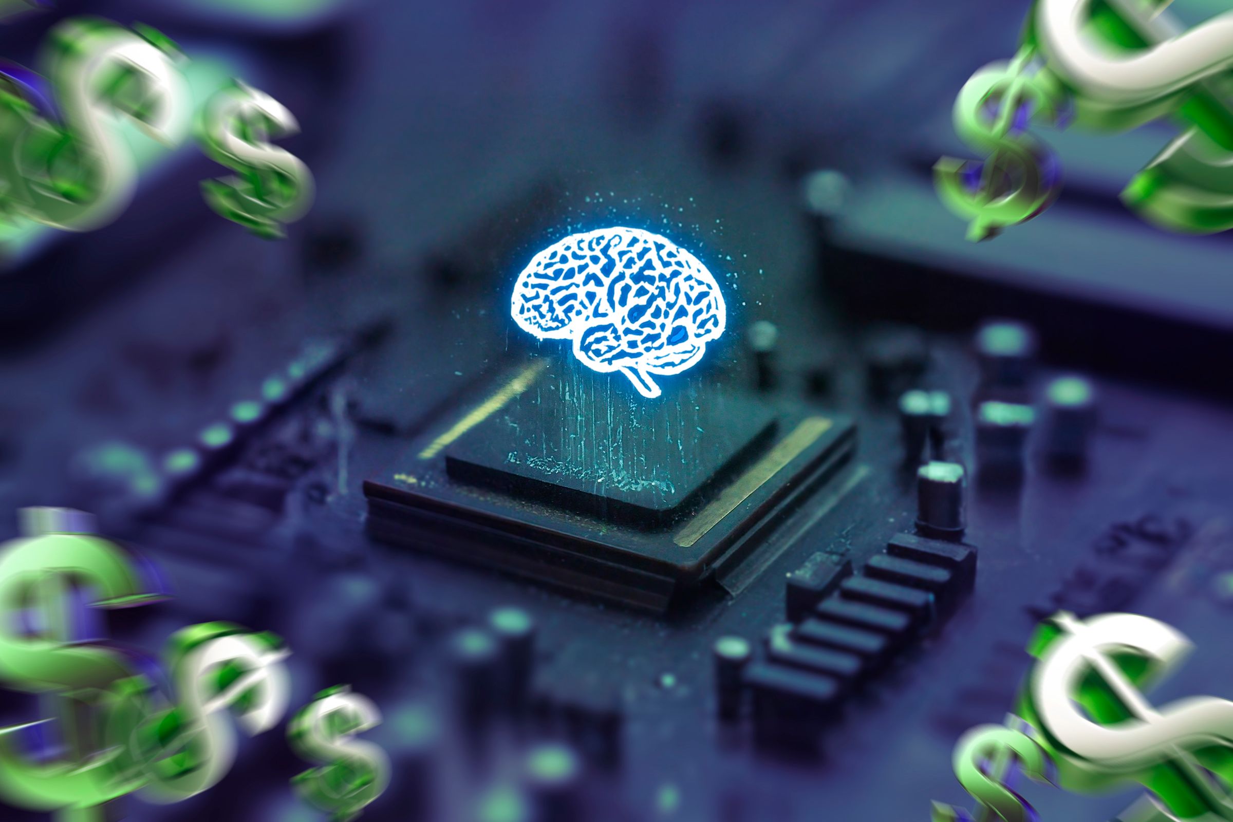 An AI Chip with a brain above it and some dollar signs around it.