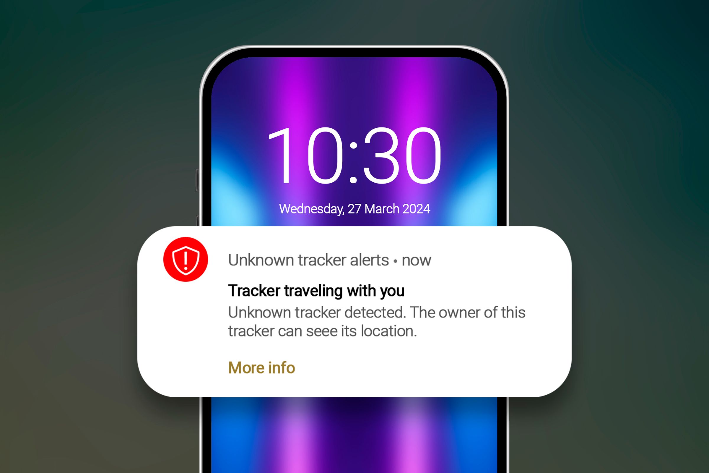 An Android phone with the Unknown tracker alert on the screen
