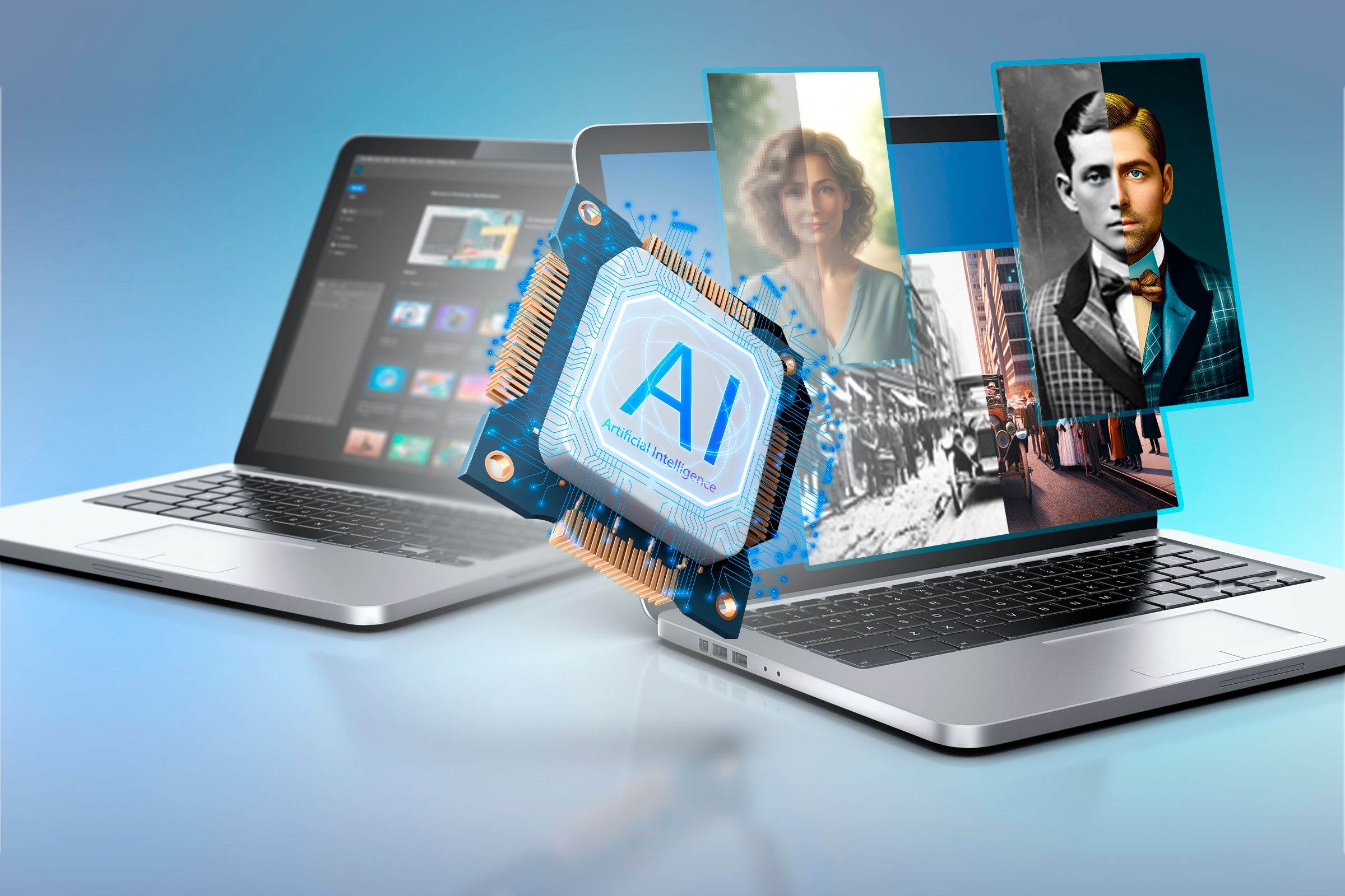 An artificial intelligence chip in the center and two laptops in the background, one with Photoshop open and the other showing some restored images.