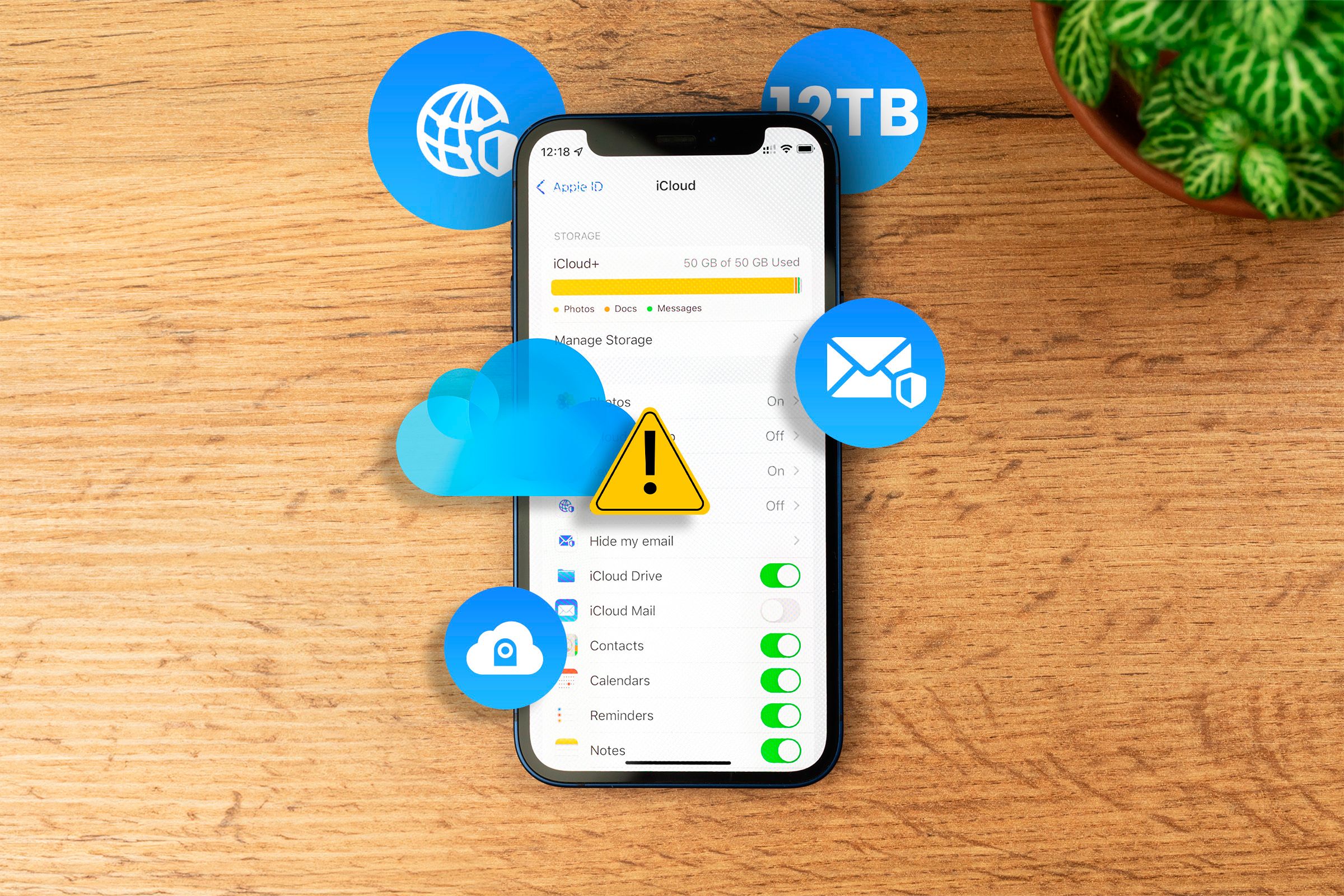 An iPhone displaying the storage screen, the iCloud logo with a warning sign, and several icons around, representing some of Icloud's features.