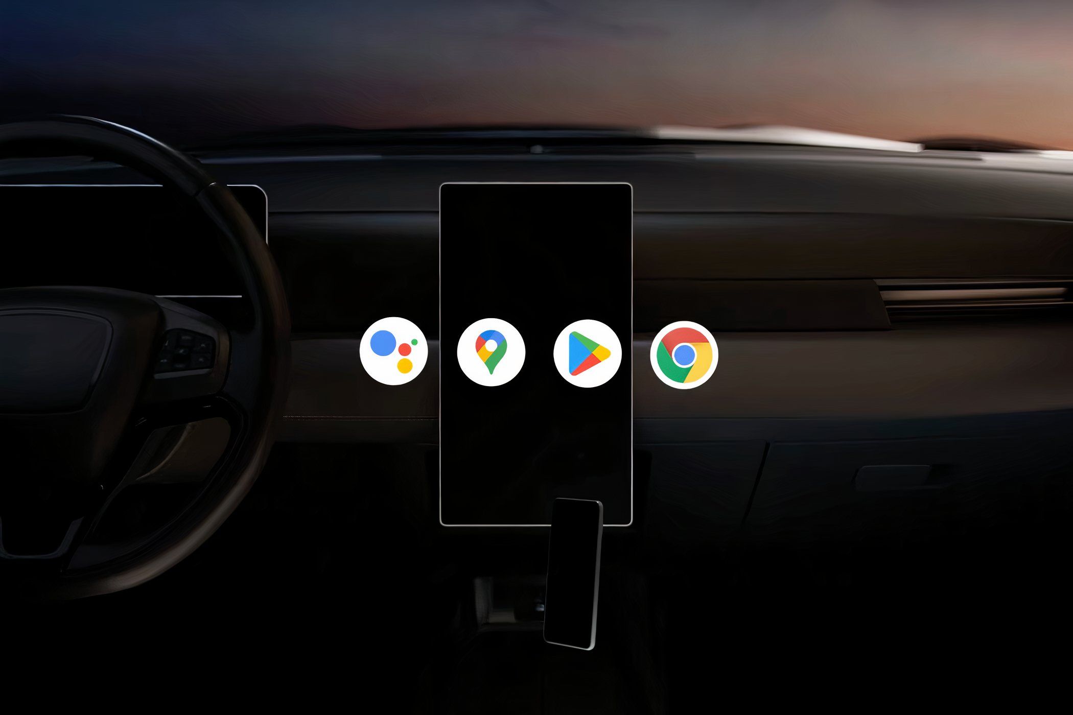 Car interior showing a screen with Android app icons. 