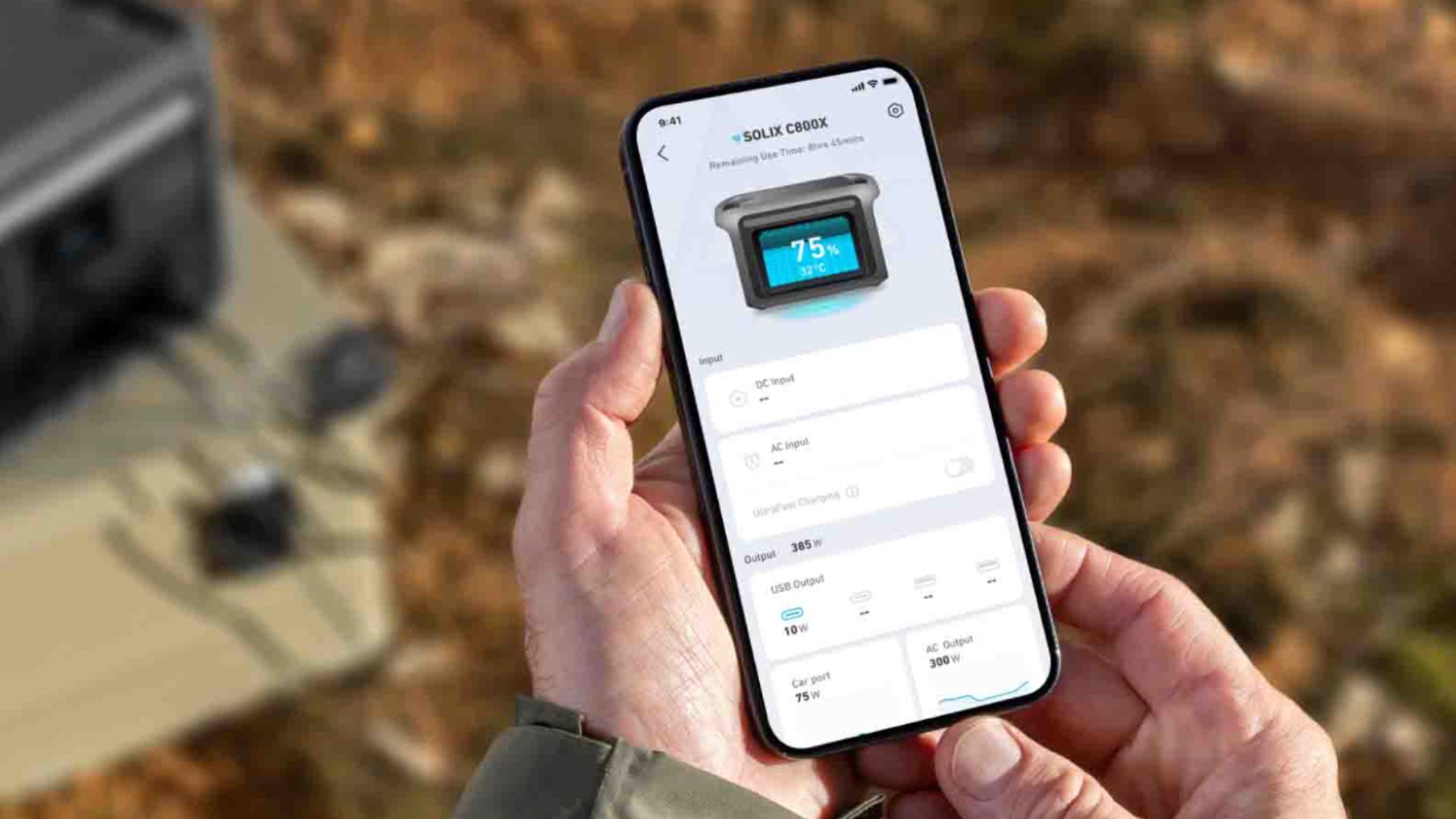 Anker Solix app shown on a phone outdoors.
