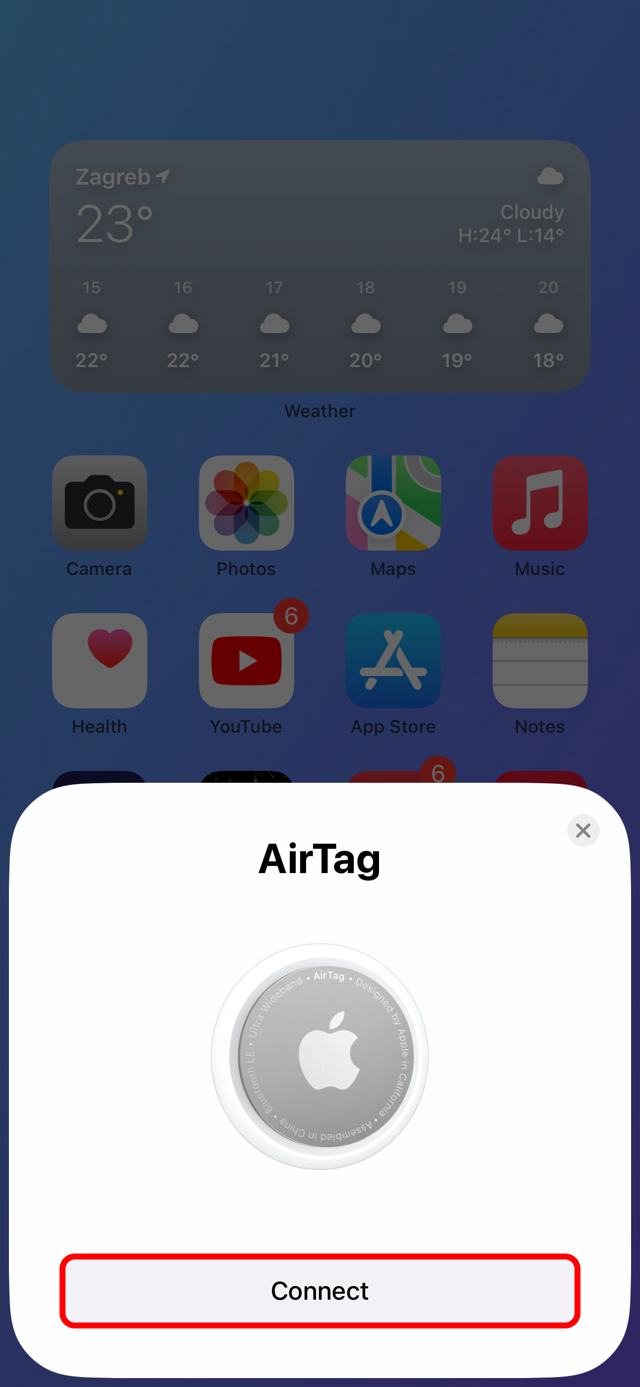 The Connect screen on an AirTag setup card on iPhone.