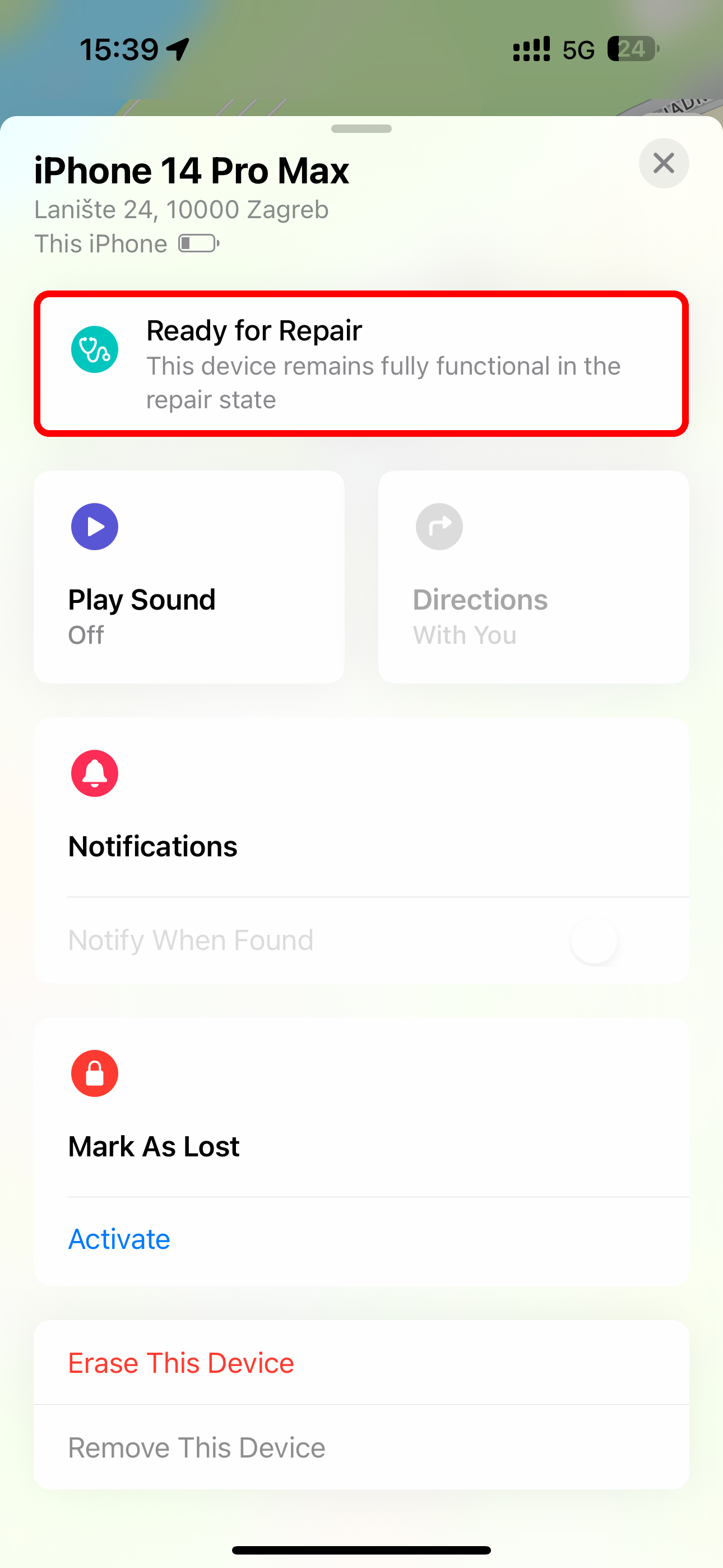 &lsquo;Ready for Repair&rsquo; banner in the iPhone&rsquo;s Find My app.