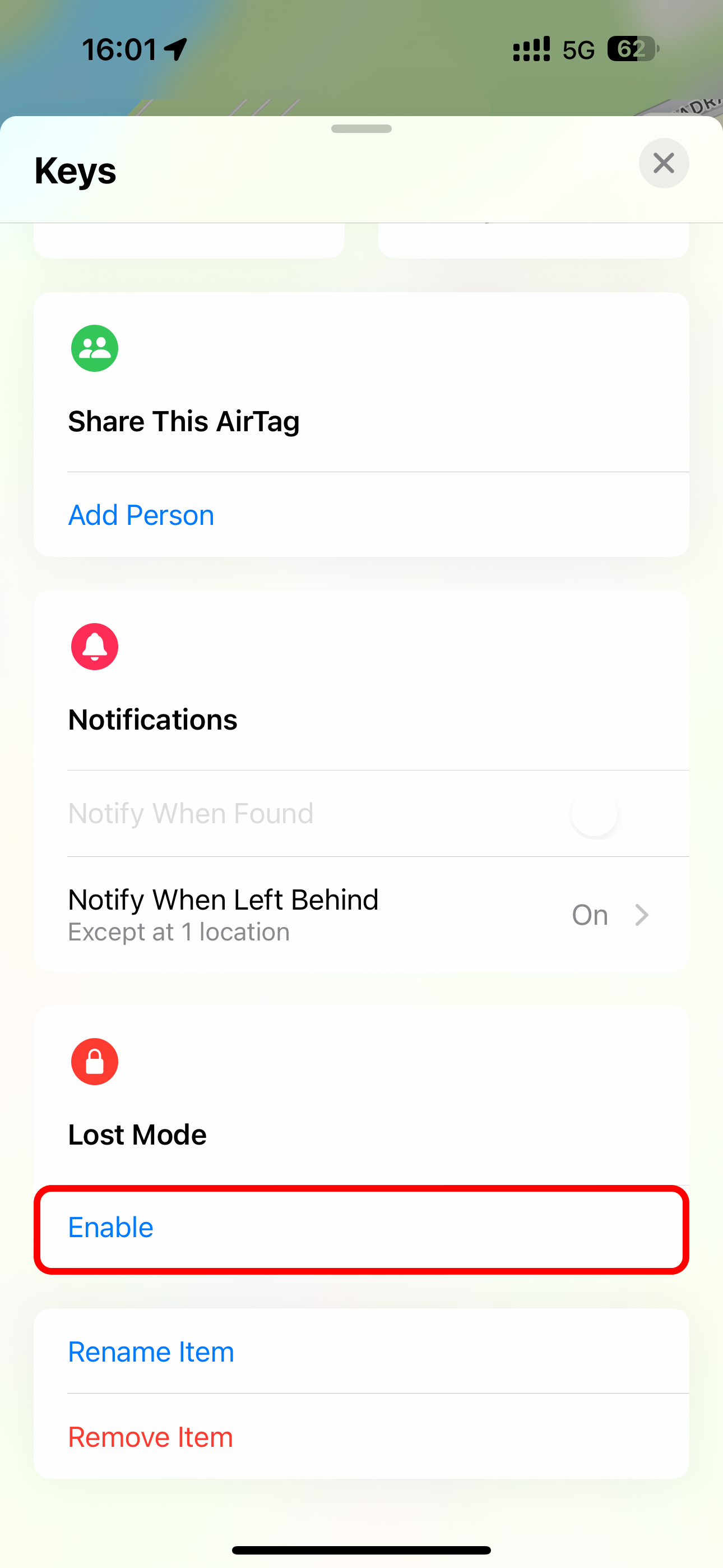 Enabling Lost Mode for an AirTag in the iPhone&rsquo;s Find My app.