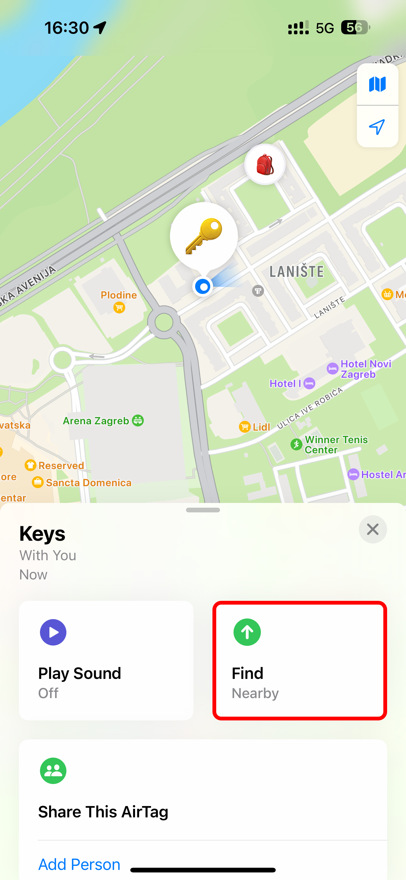 The Find Nearby option selected in the iPhone&rsquo;s Find My app.