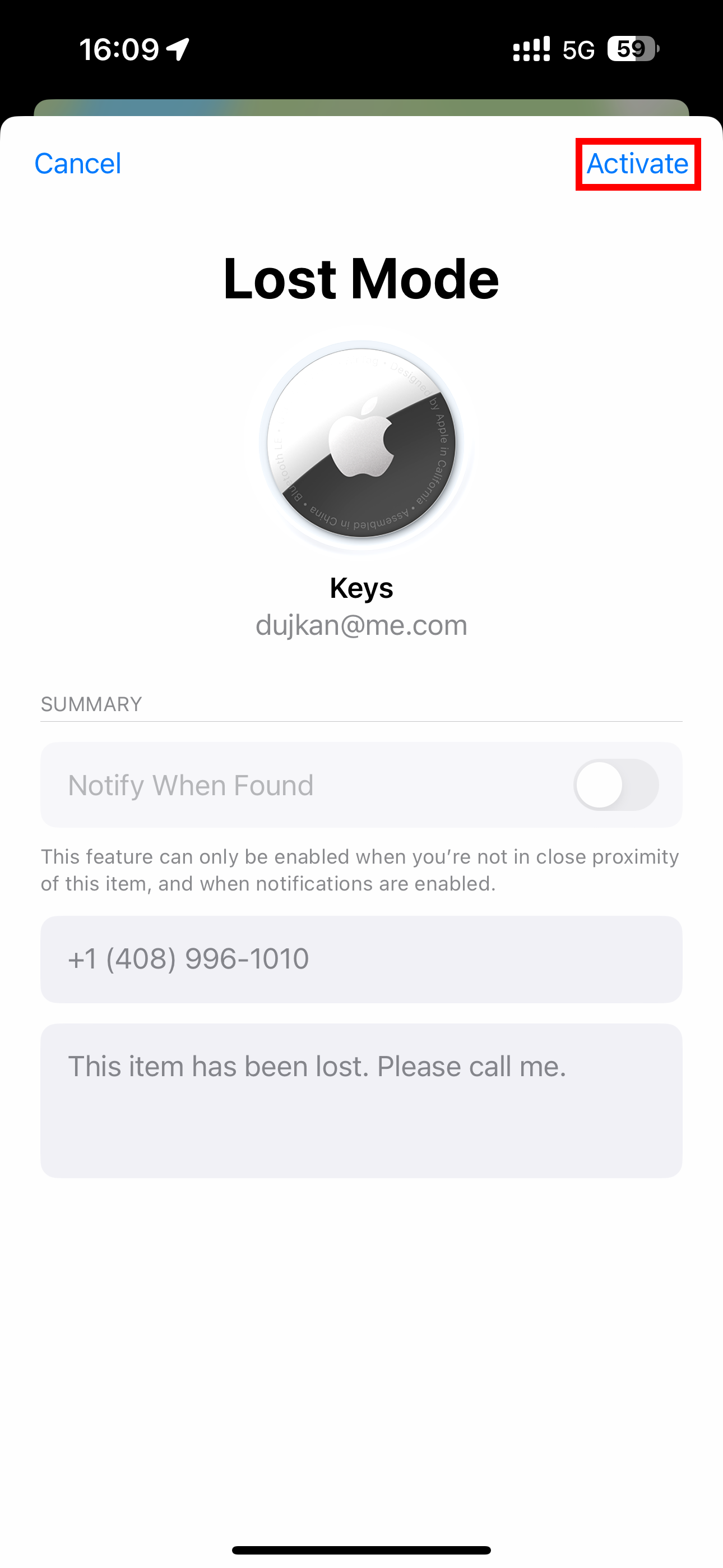 The final summary screen when enabling Lost Mode for an AirTag in the iPhone&rsquo;s Find My app.