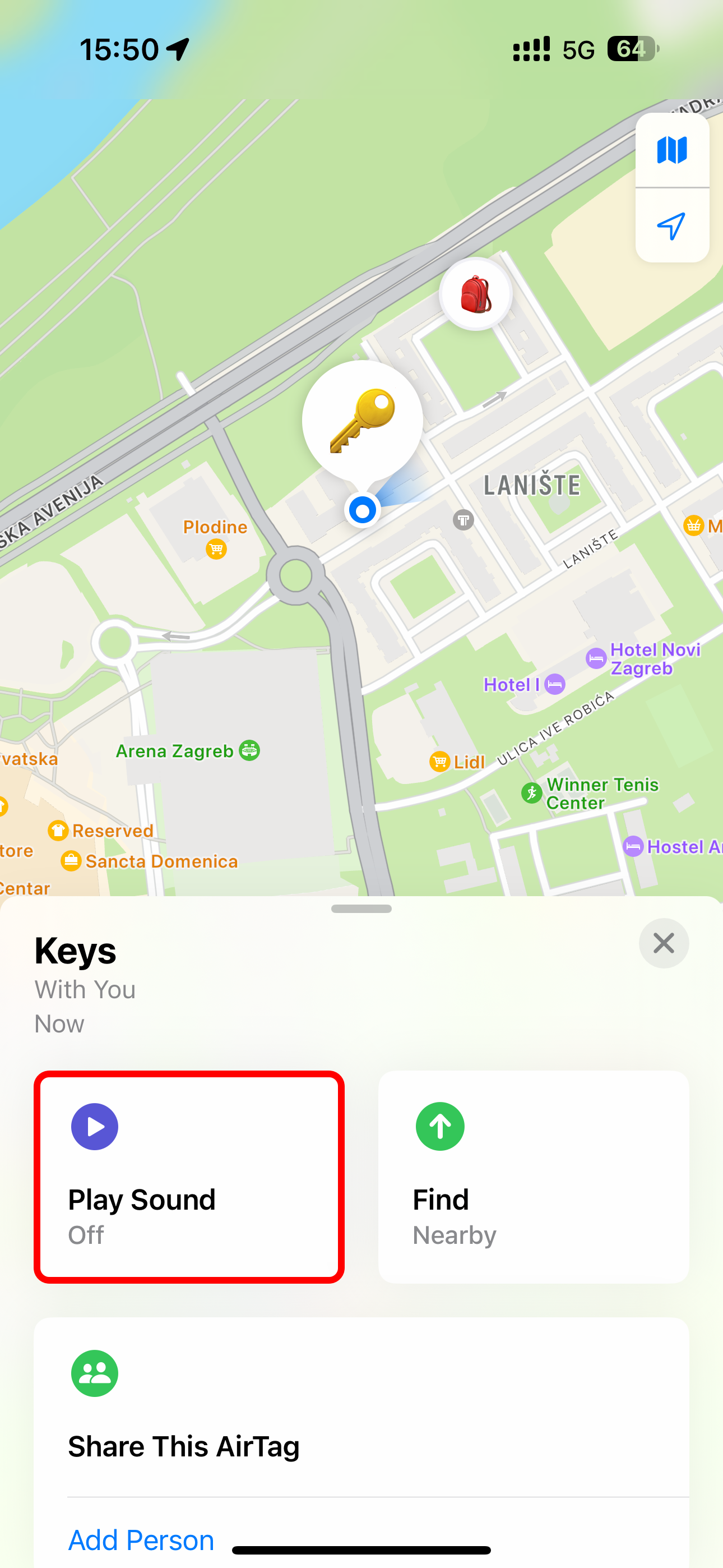 The Play Sound option selected for an AirTag in the iPhone&rsquo;s Find My app.