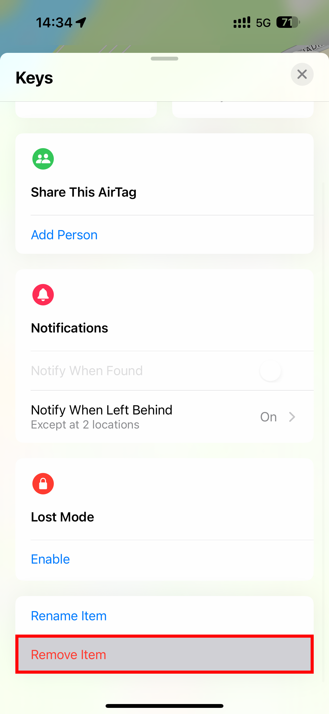 The Remove Item selected in the iPhone&rsquo;s Find My app.