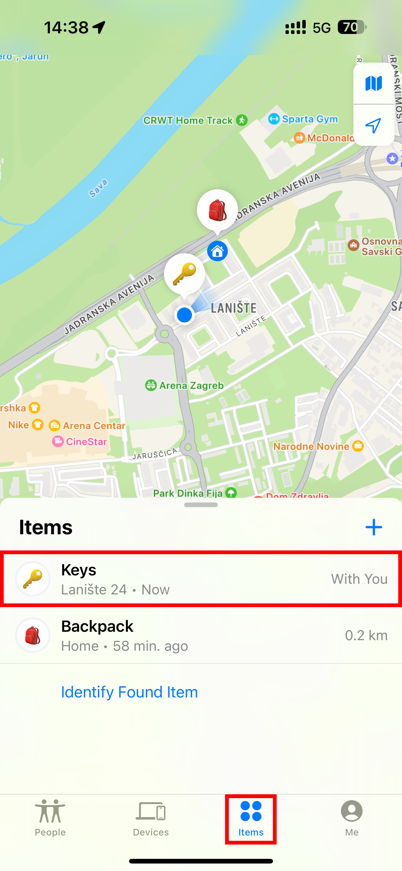 AirTag Keys Selected in the Find My app on iPhone.