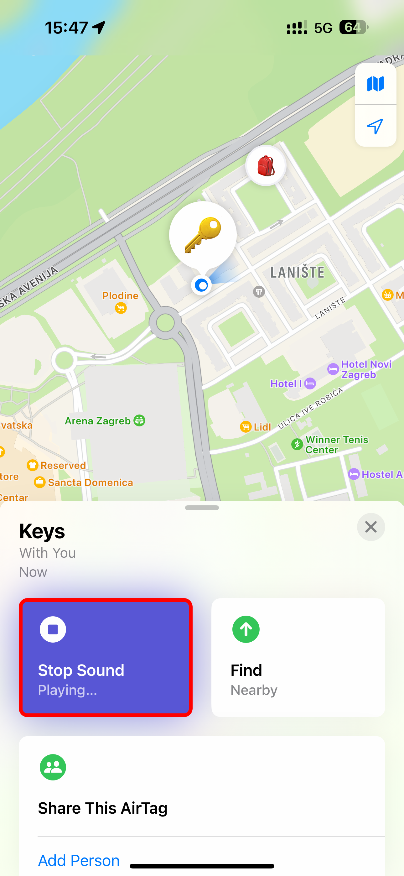 The Stop Sound option selected for an AirTag in the iPhone&rsquo;s Find My app.
