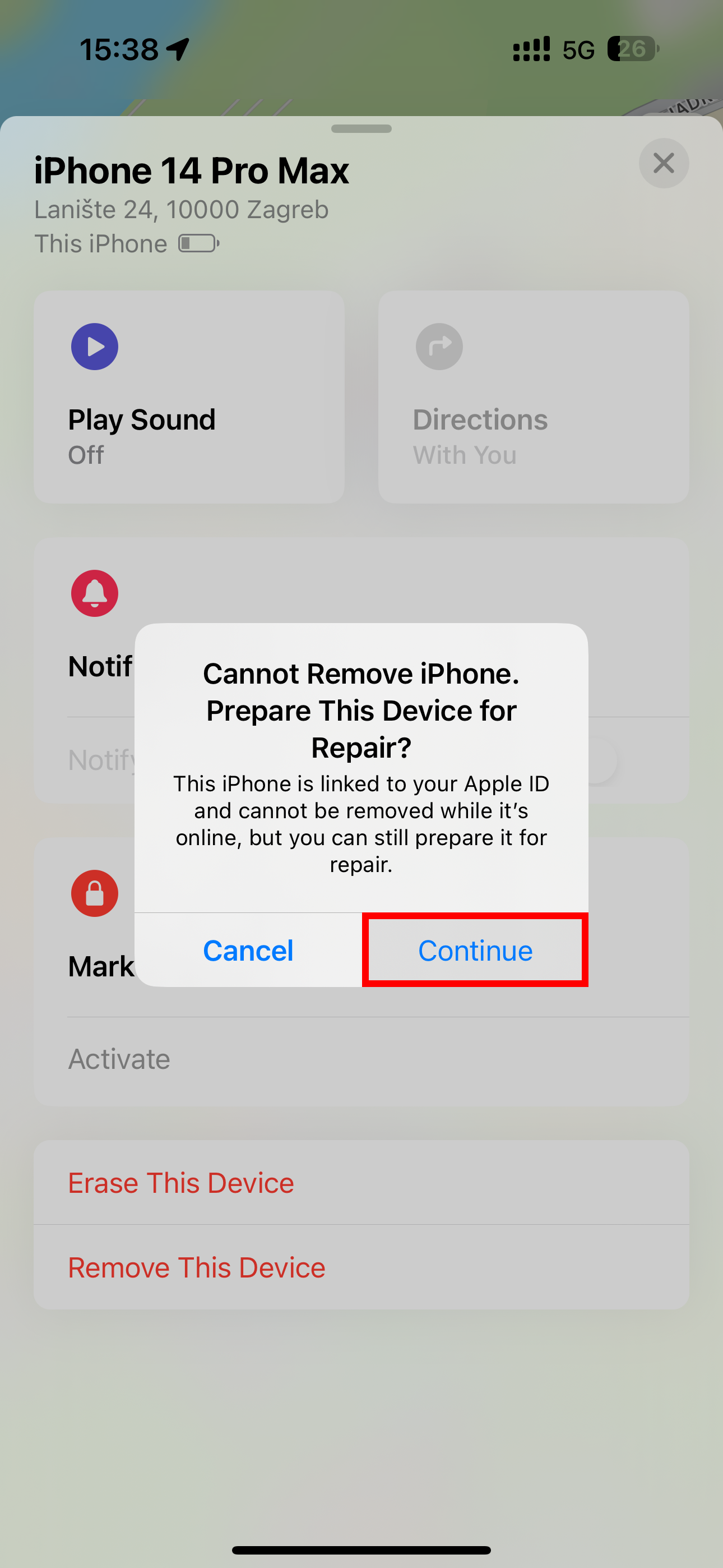 Find My on iPhone displaying a Repair State confirmation prompt.