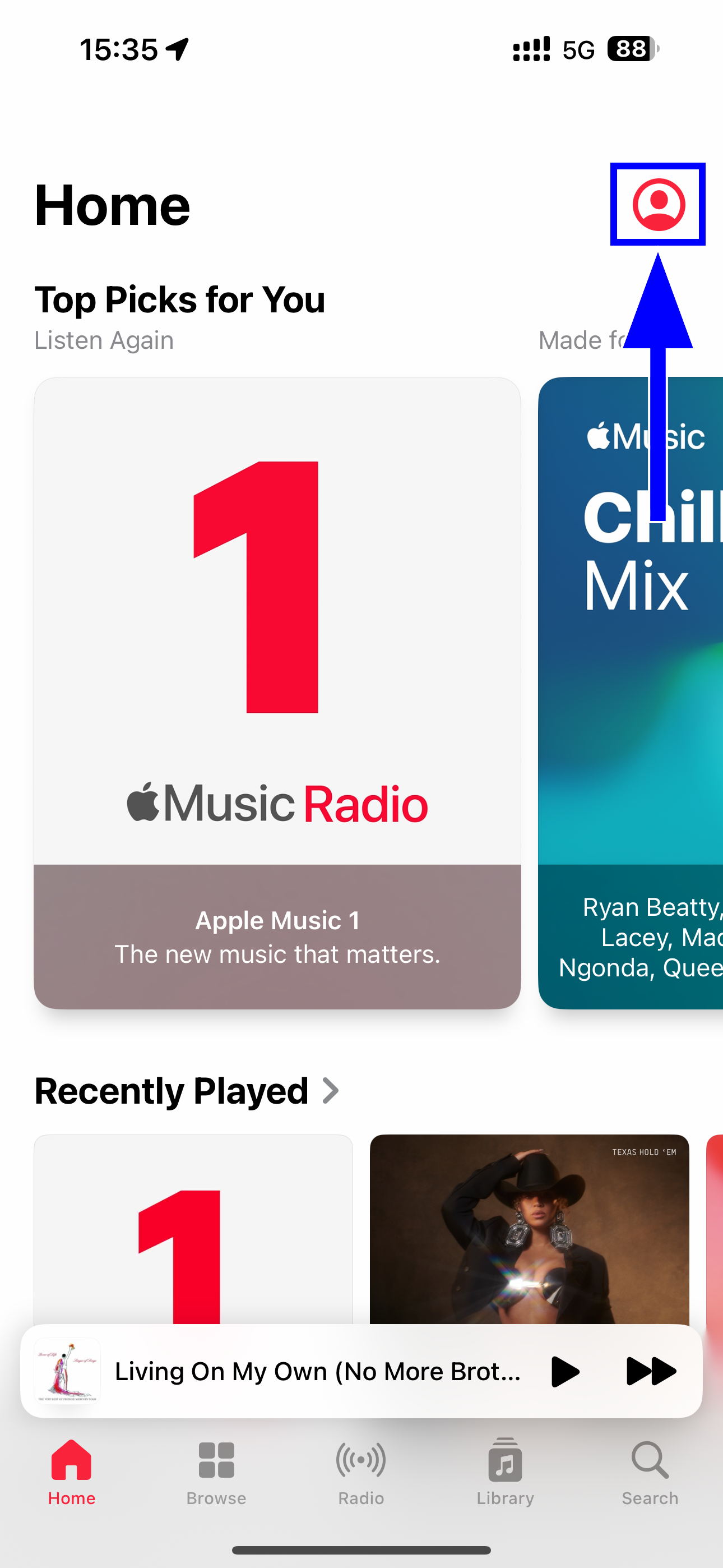 The Music app on iPhone with the user profile icon in the top-right corner highlighted.