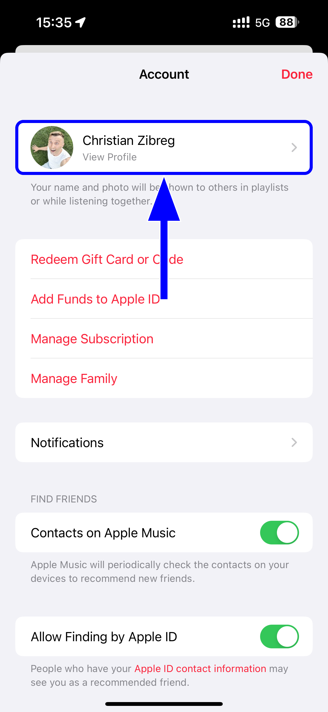 The Music app on iPhone with the View Profile option highlighted