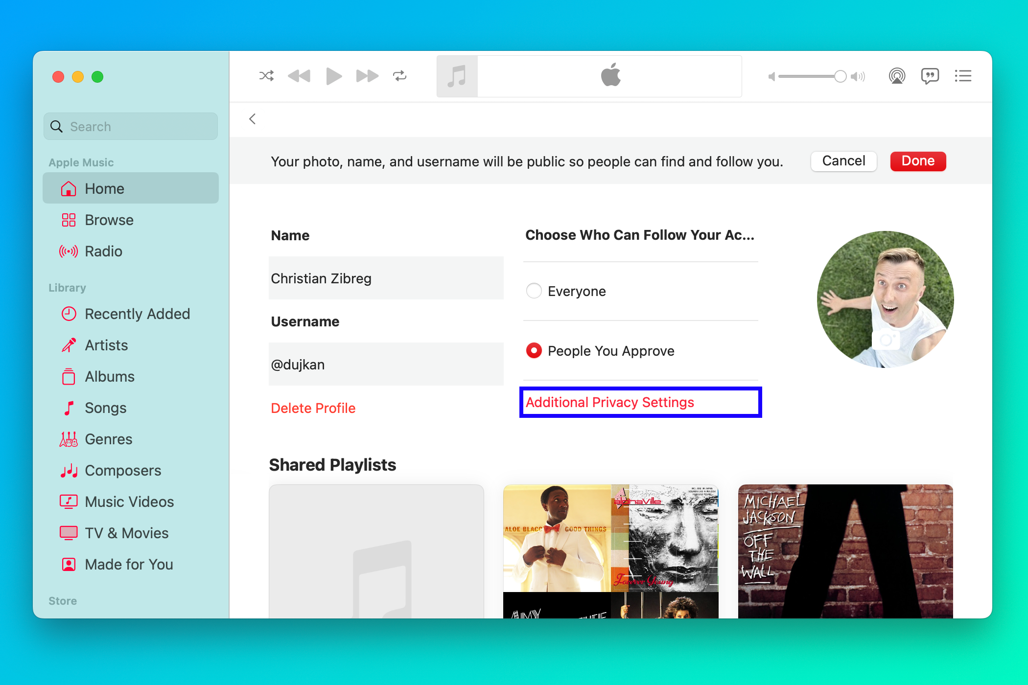 Apple Music profile in the Mac's Music app with the Additional Privacy Option highlighted.