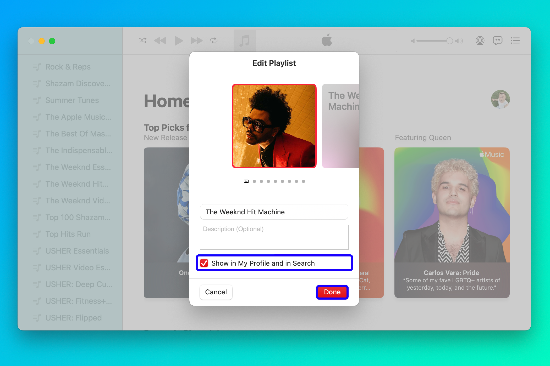 Music for Mac showing the Edit Playlist screen with the option to display the playlist on the user profile and in Apple Music search selected/