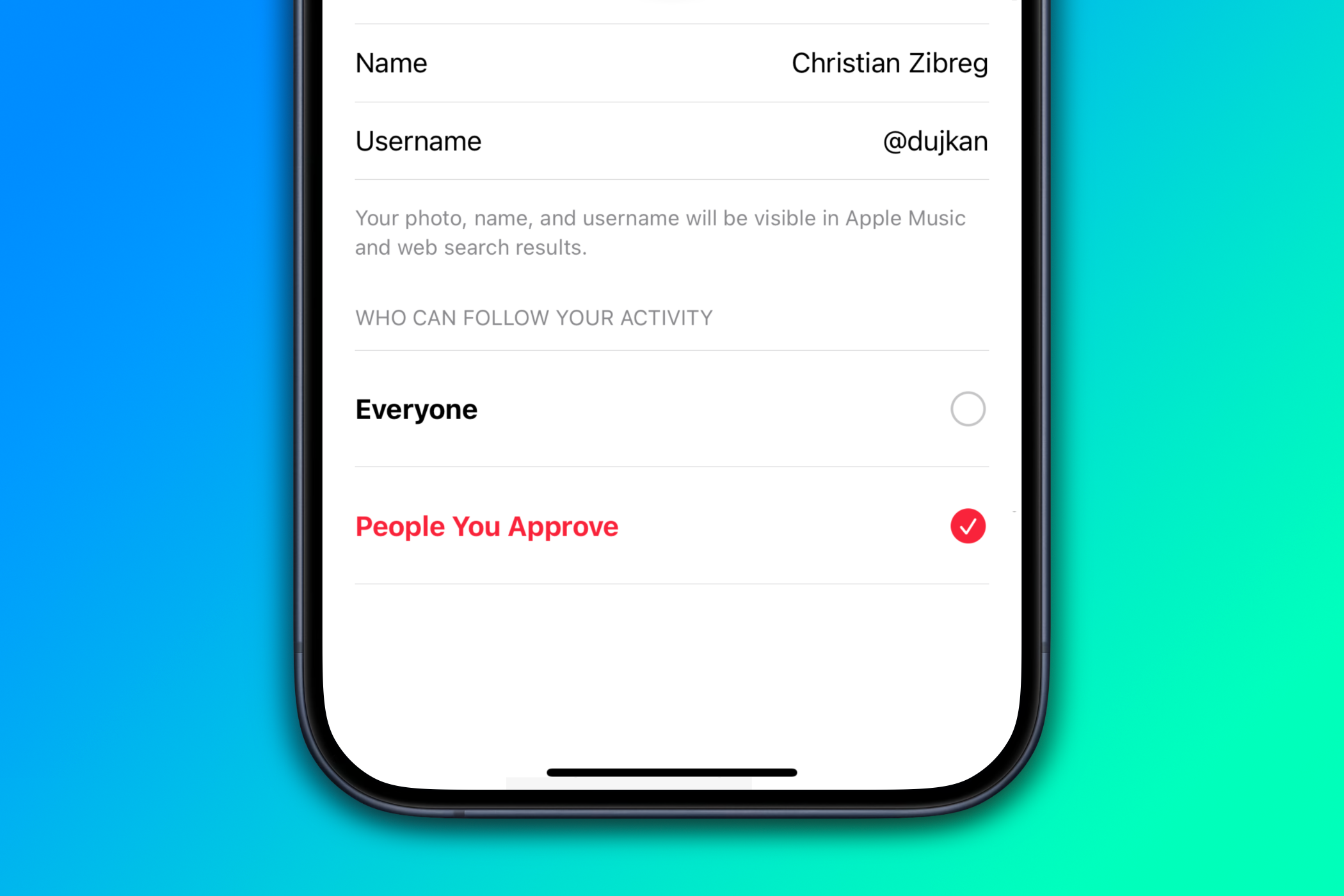 Apple Music profile on iPhone with the People You Approve option selected in the Follow Activity section.