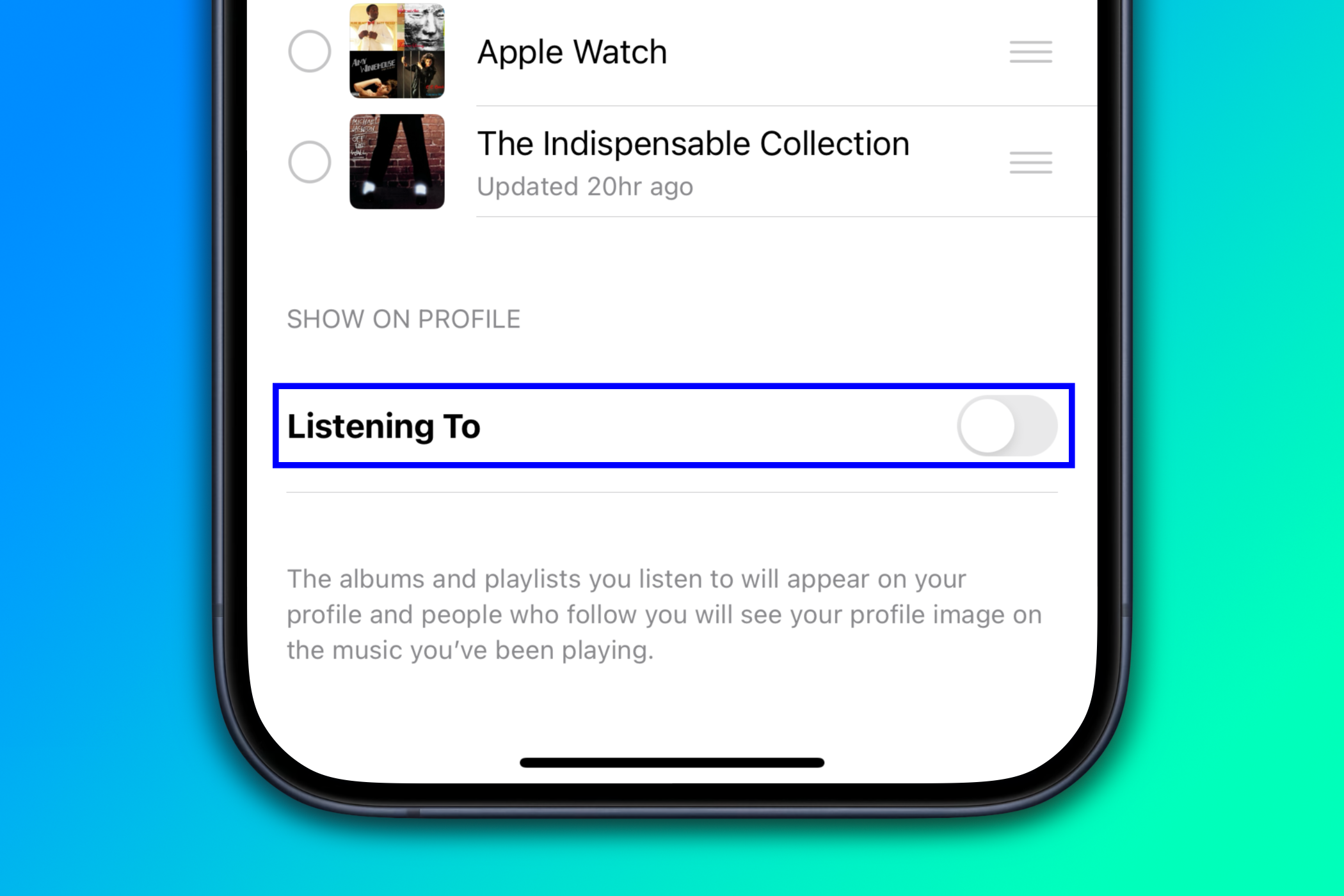 Apple Music profile in the iPhone's Music app with the option to show listening history disabled.