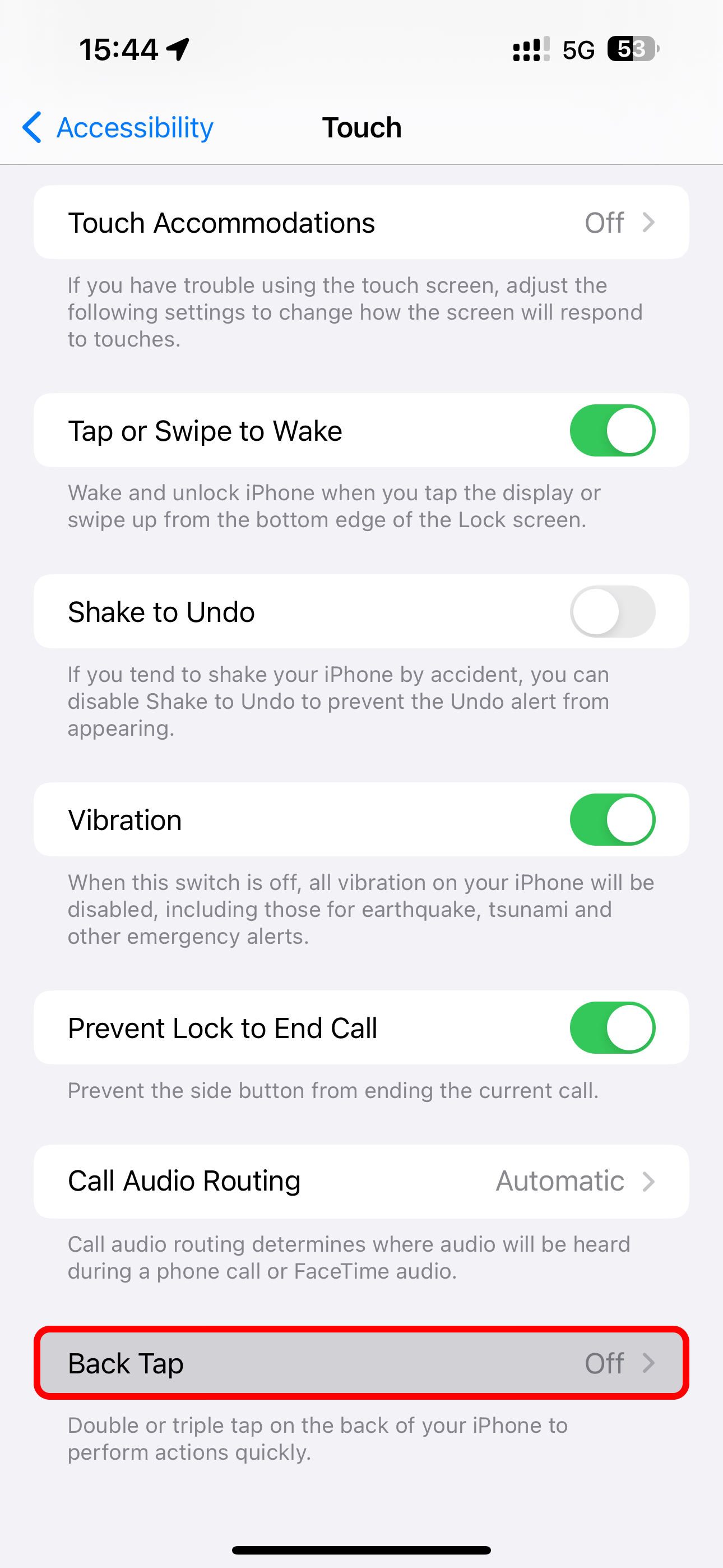 The Touch accessibility section in the iPhone&rsquo;s Settings app.