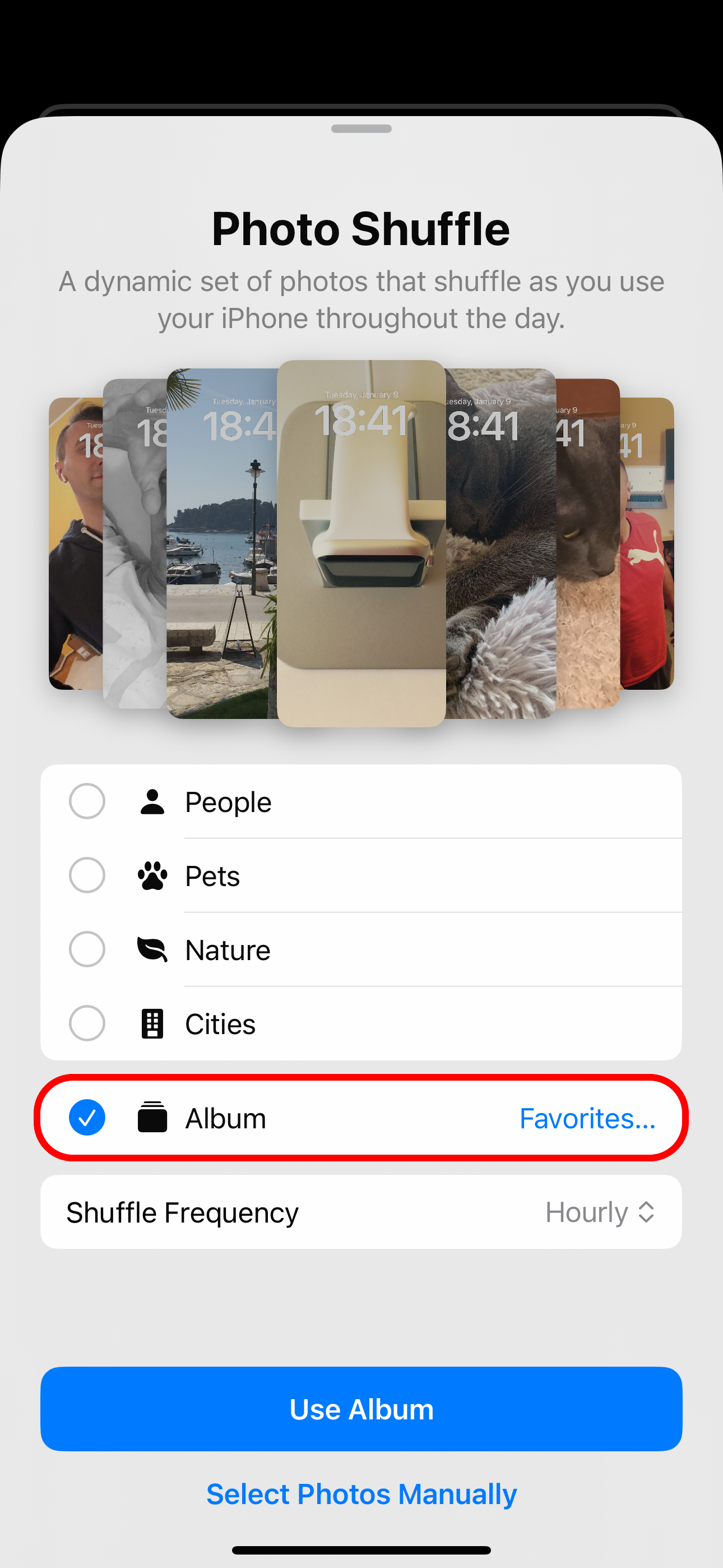 Photo shuffle wallpaper screen on iPhone with the Album option selected.