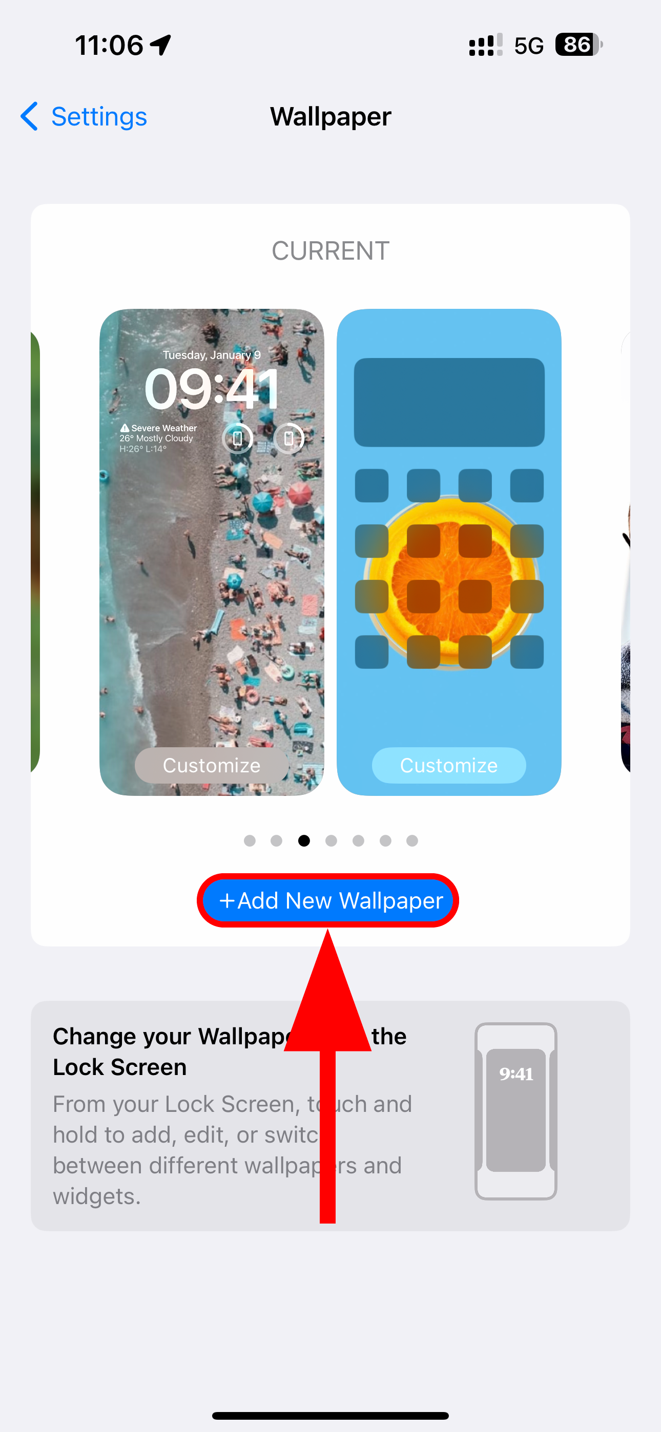 Settings app on iPhone with the Photo Shuffle wallpaper option highlighted.