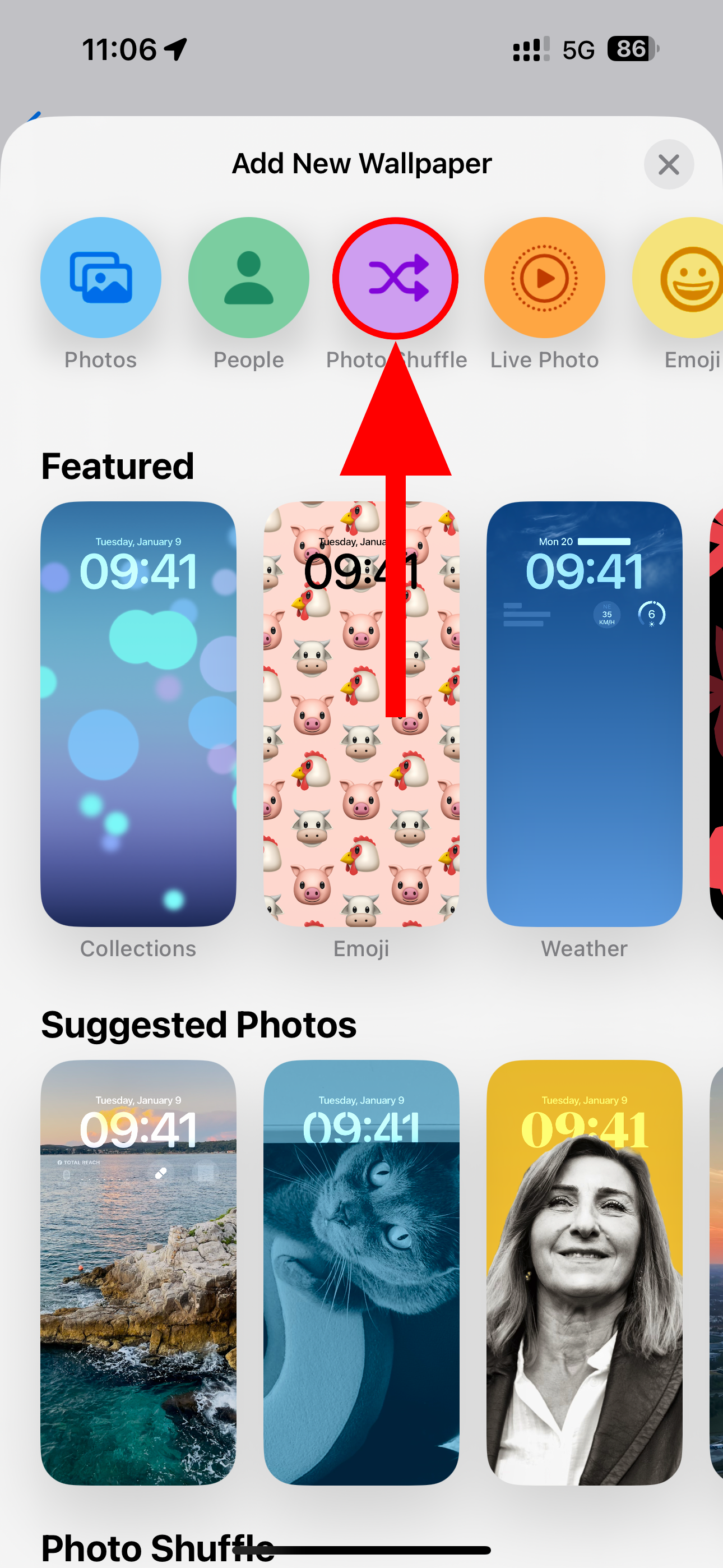 Settings app on iPhone with the Photo Shuffle wallpaper option highlighted.