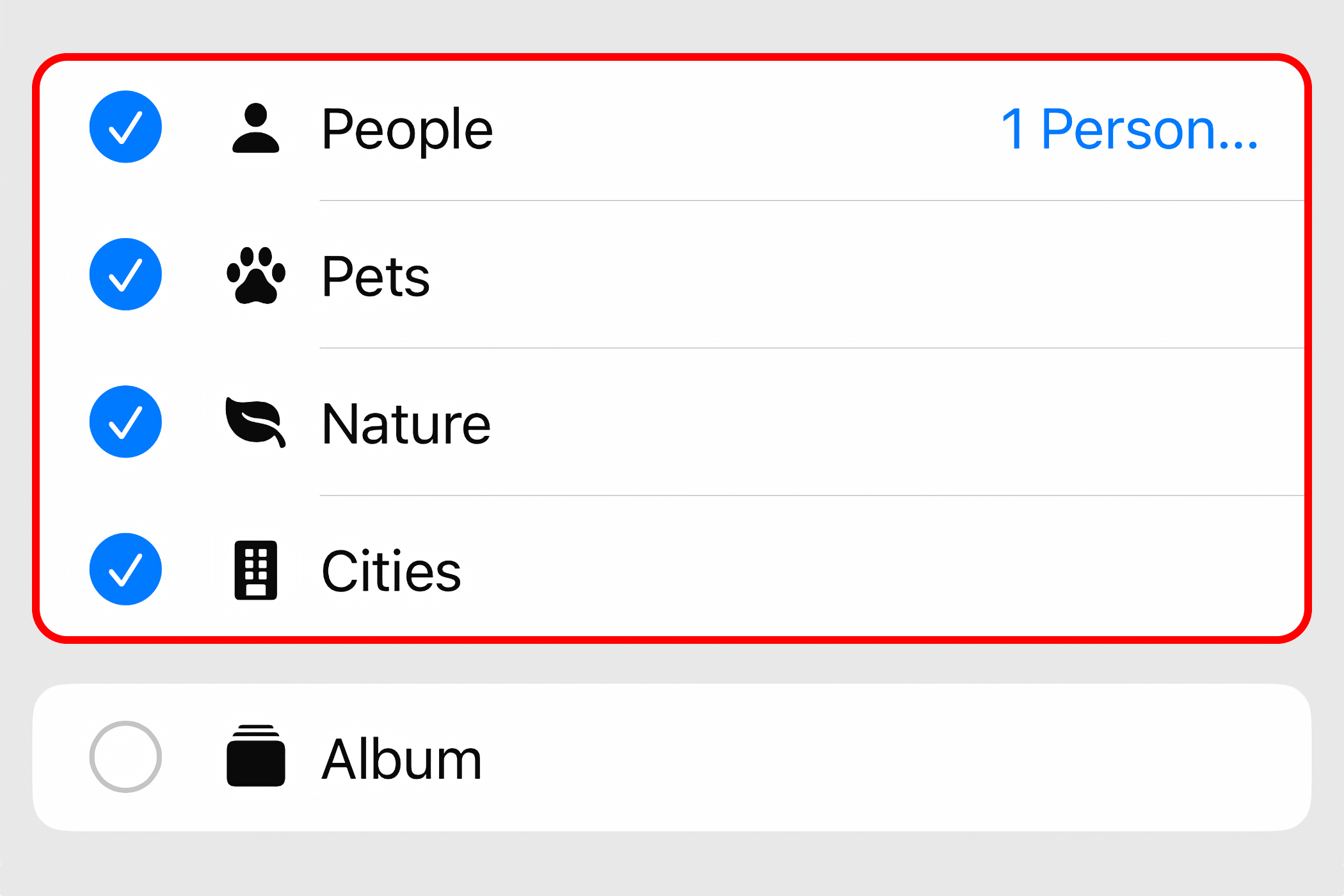 Creating Photo Shuffle on iPhone with the People, Pets, Nature, and Cities options selected.