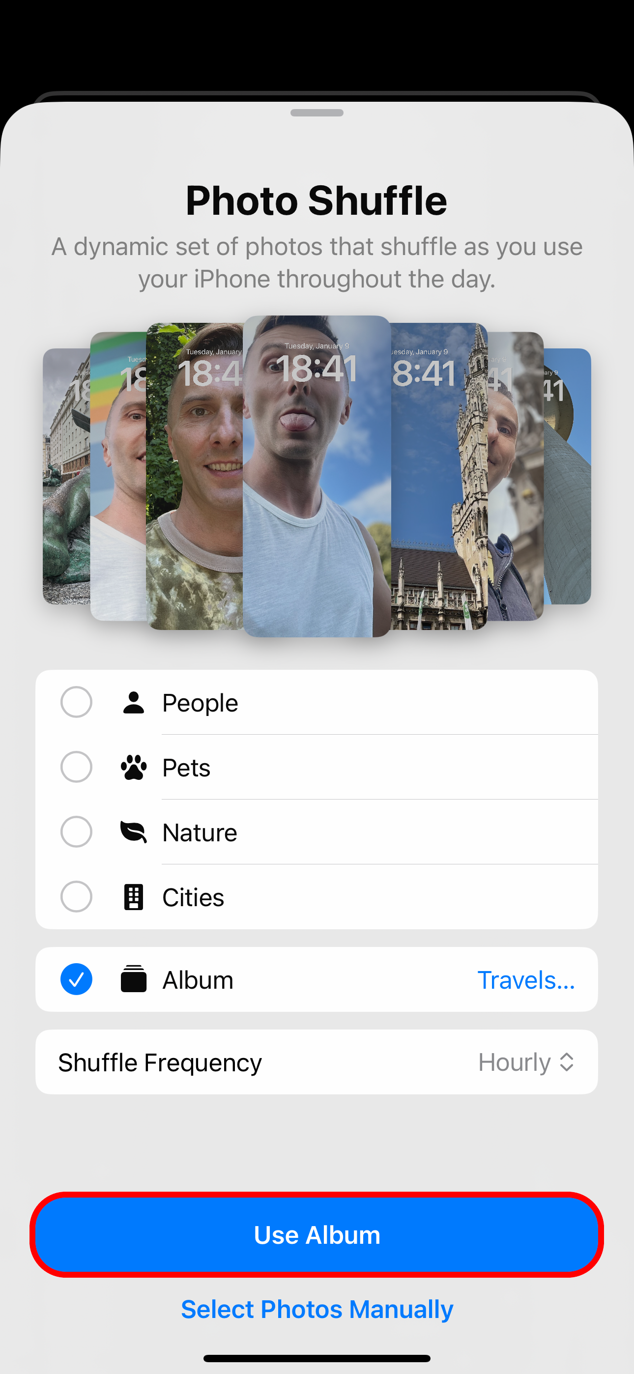 Photo shuffle wallpaper screen on iPhone with the Use Album option selected.