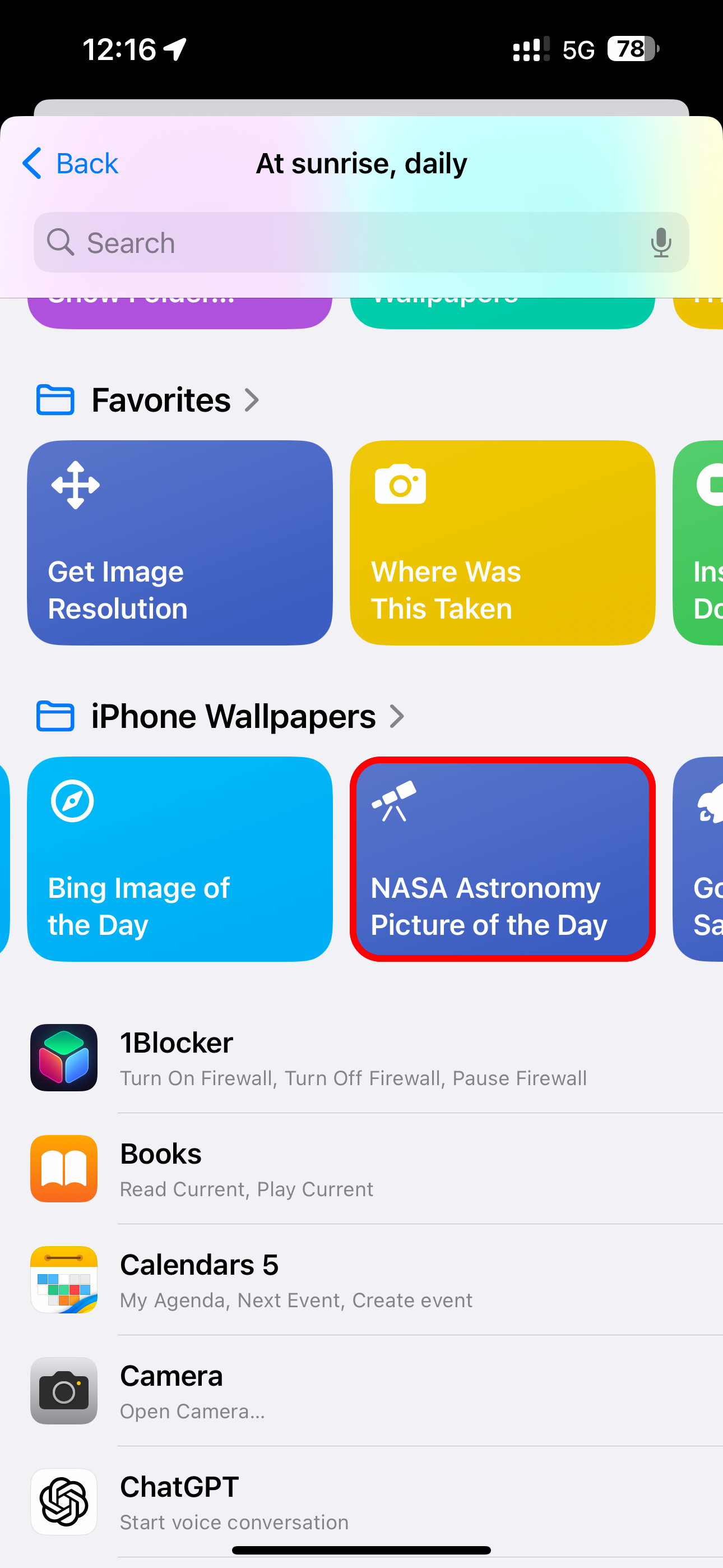 Choosing a script when creating Personal Automation in Shortcuts for iPhone.