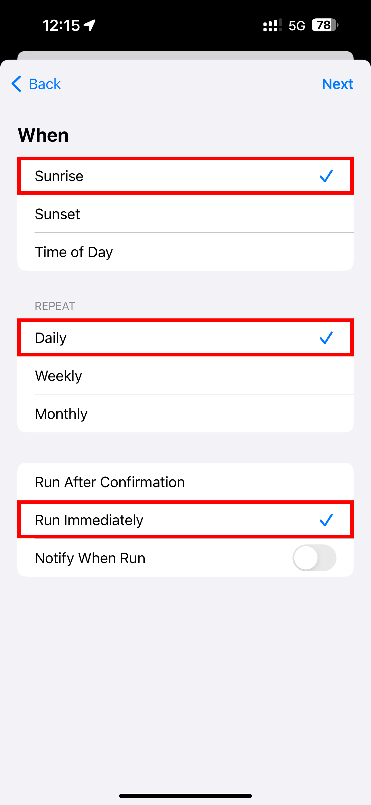 Setting scheduling options for Personal Automation in Shortcuts for iPhone