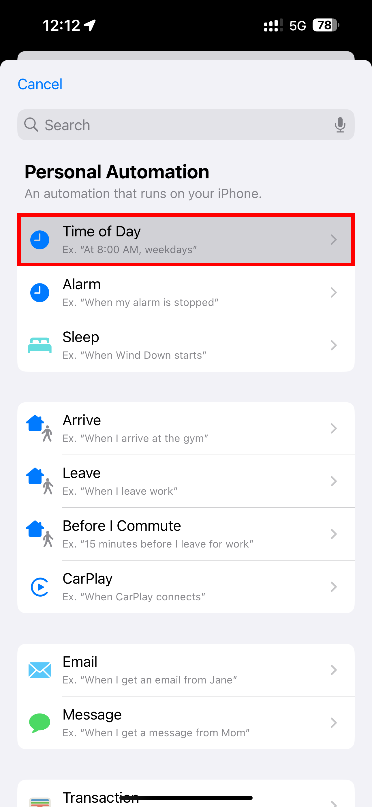Choosing a &lsquo;Time of Day&rsquo; Personal Automation in Shortcuts for iPhone.