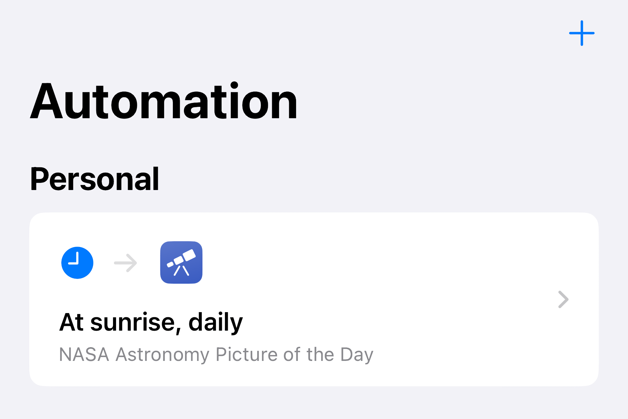 The Personal Automation section in Shortcuts for iPhone.