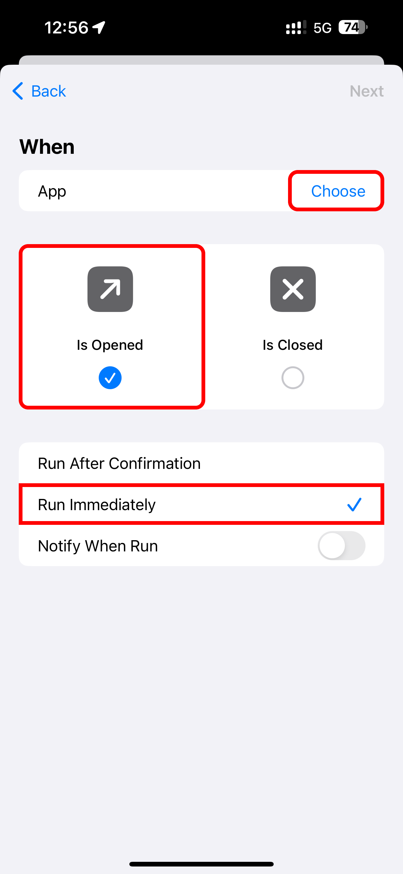 Setting scheduling for the App option in Personal Automation on Shortcuts for iPhone.