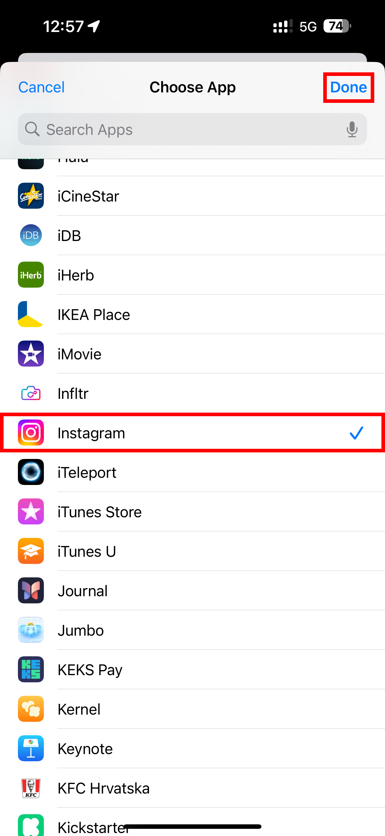 Choosing the Instagram app in Personal Automation on Shortcuts for iPhone.