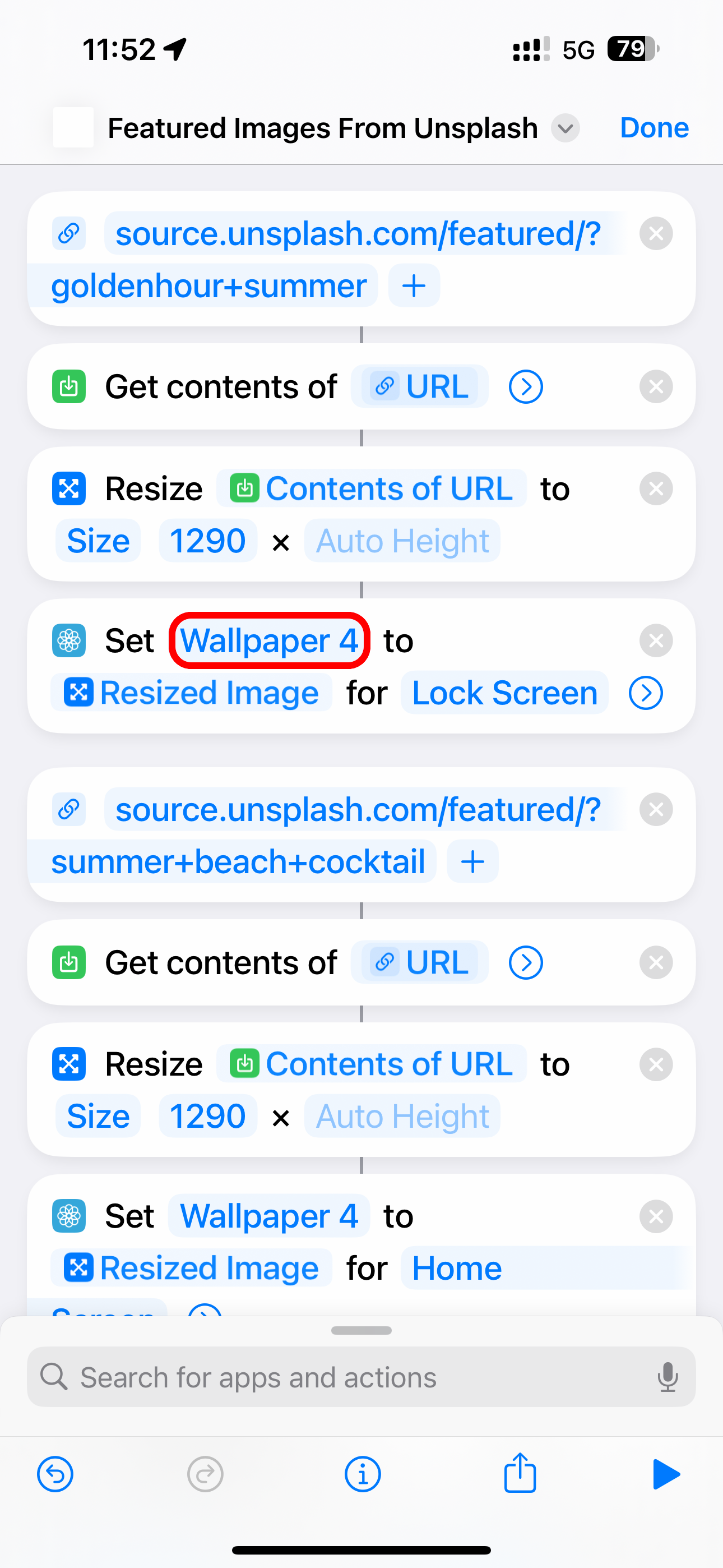 Editing a scripting in Shortcuts on iPhone.