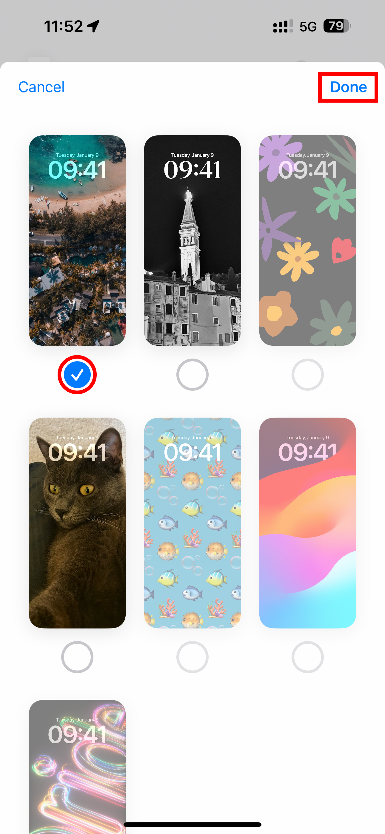Choosing a lockscreen for the Set Wallpaper action in Shortcuts for iPhone.