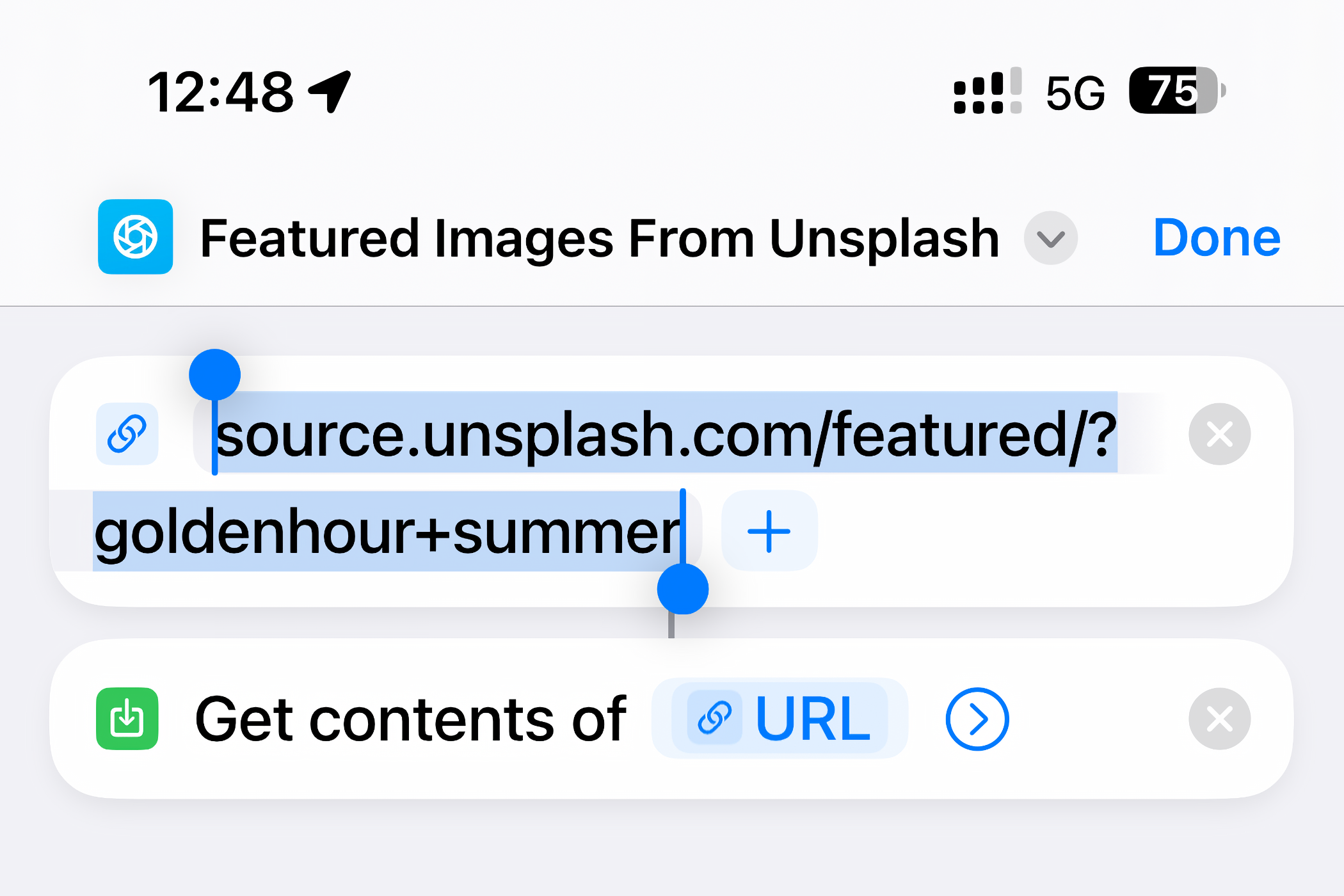 Editing an URL for a script in Shortcuts for iPhone.