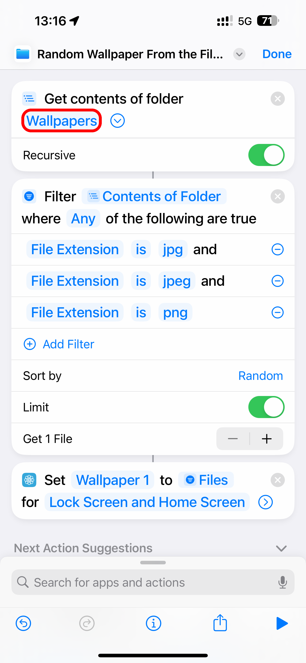 Editing a wallpaper automation script in the Shortcuts app on iPhone.