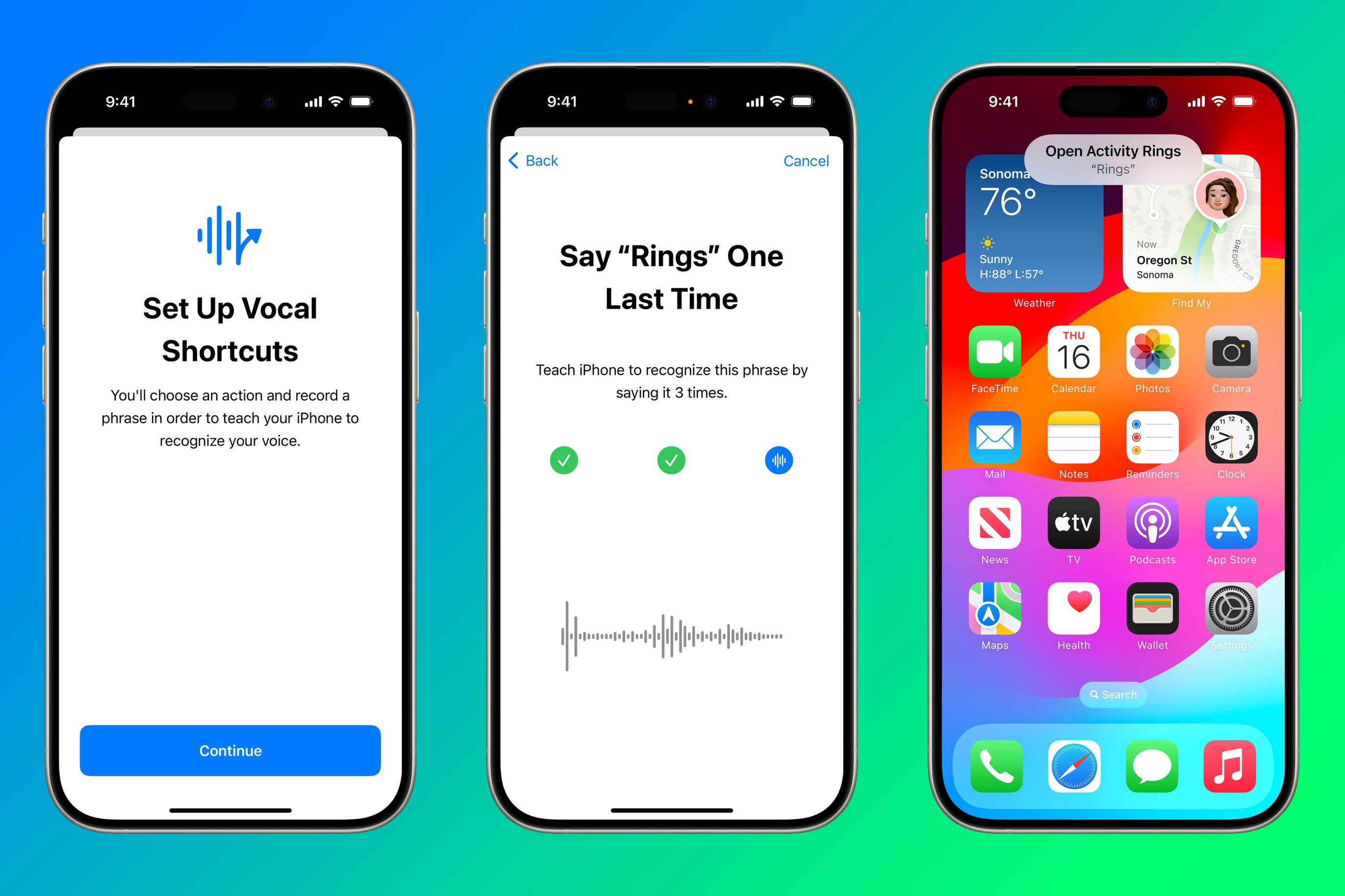 Three iPhones showcasing configuring a Vocal Shortcut to show Activity Rings with a &lsquo;Rings&rsquo; utterance.
