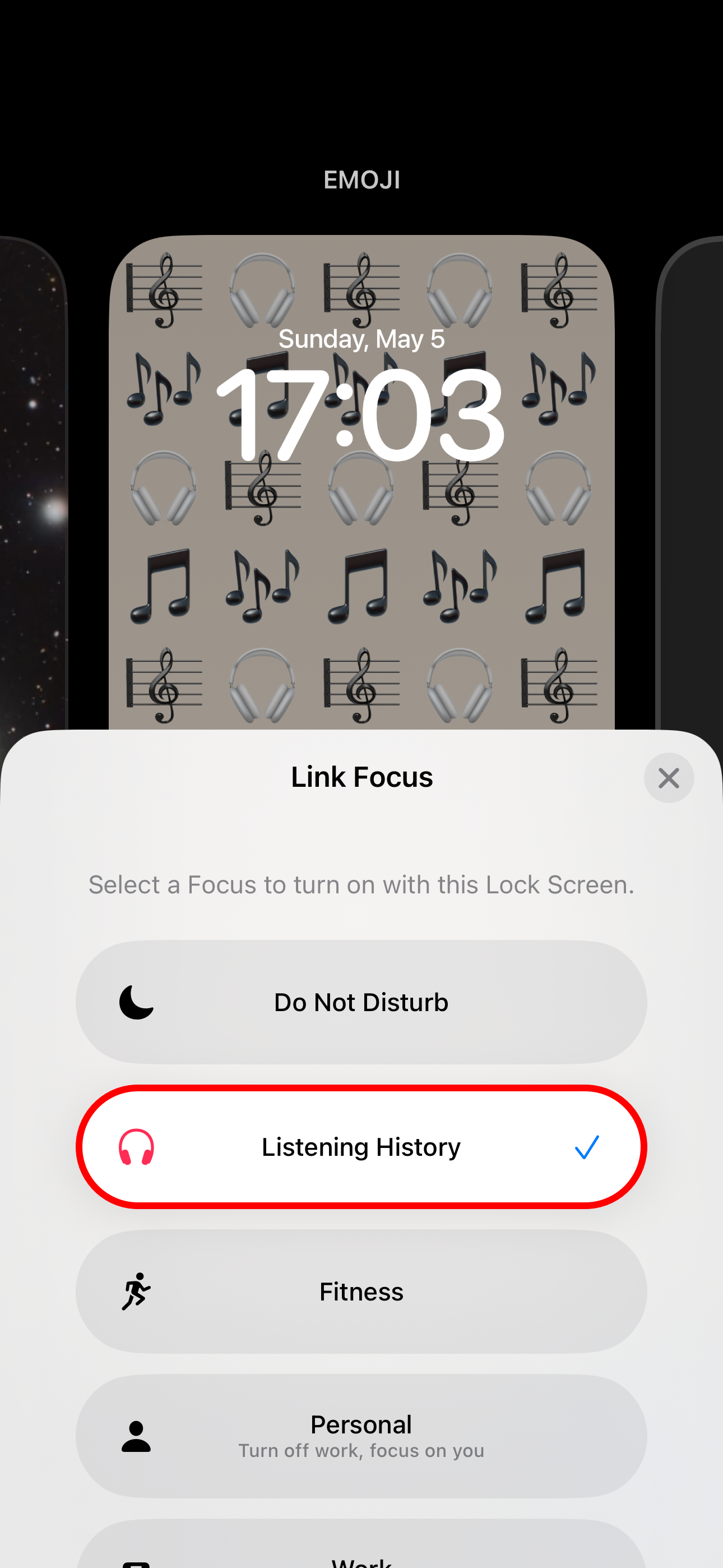 Linking the Listening History focus to a Lock Screen on iPhone.