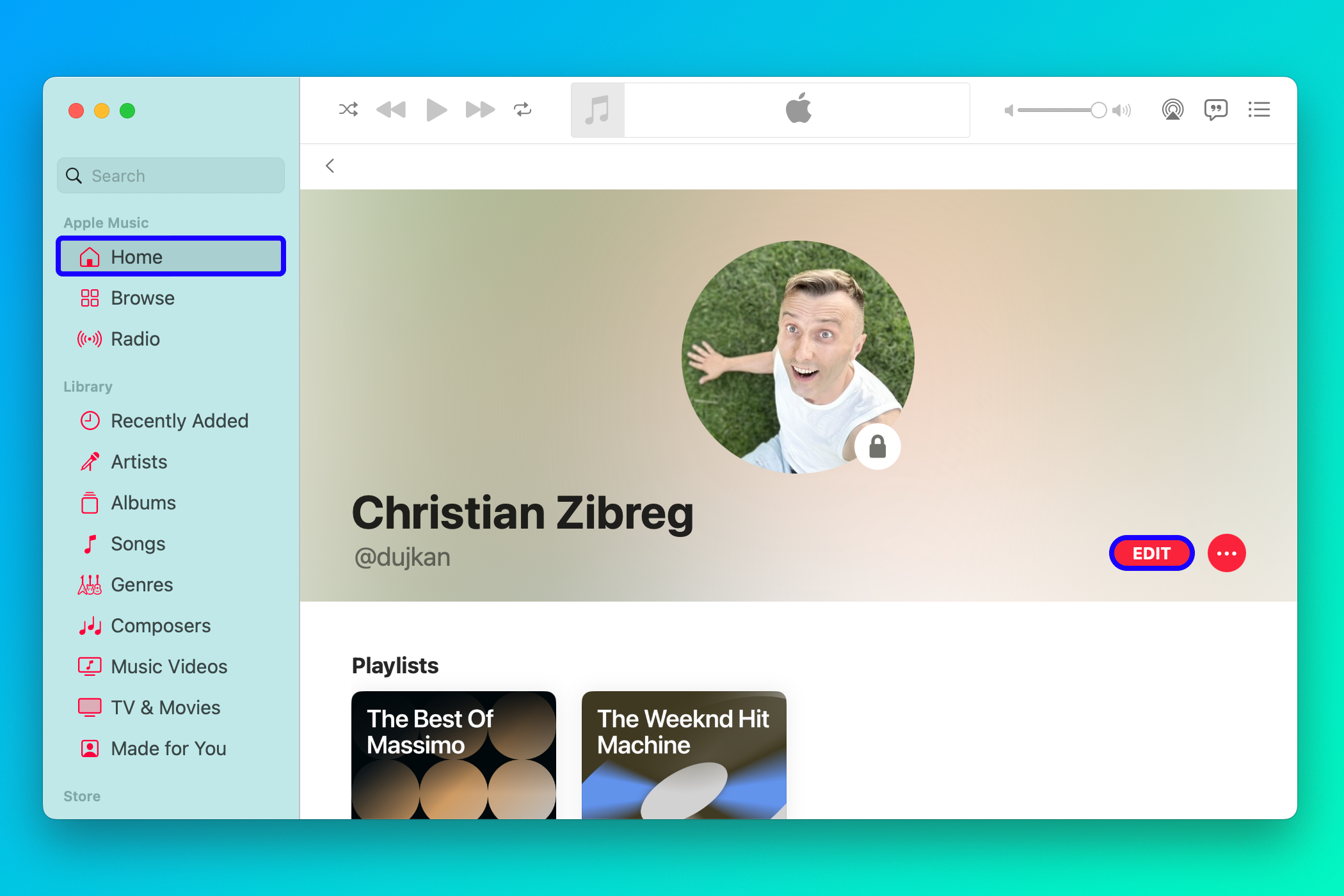 The Mac's Music app showing a user profile with the Edit button highlighted.