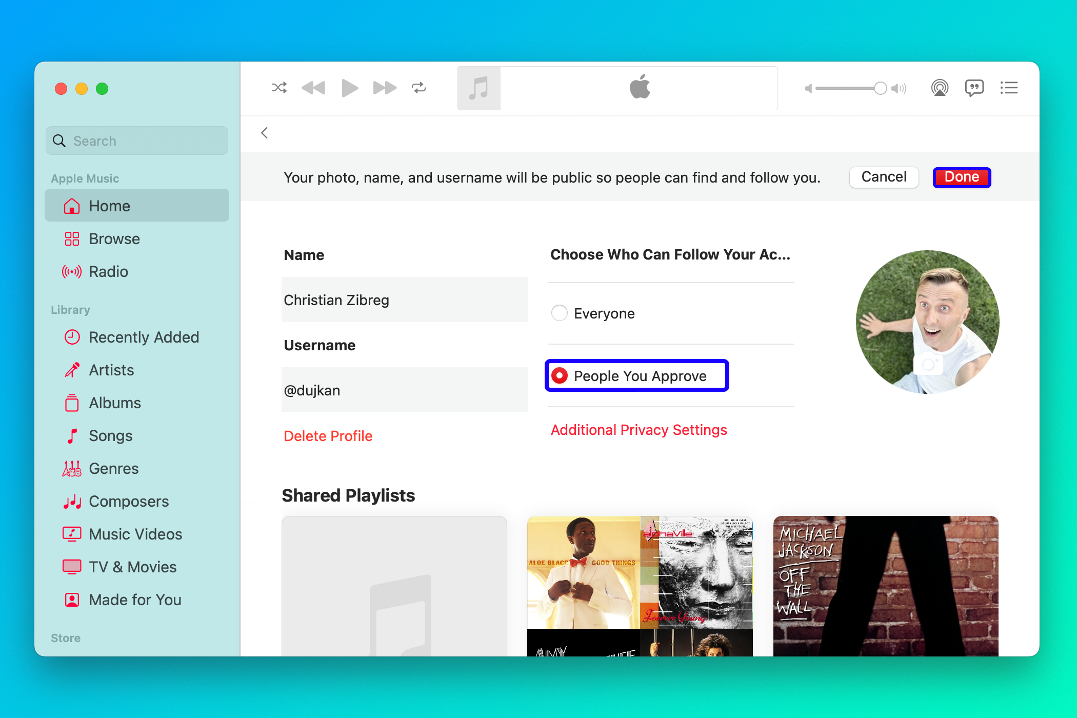 Music for Mac with the People You Approve option enabled on the user profile.