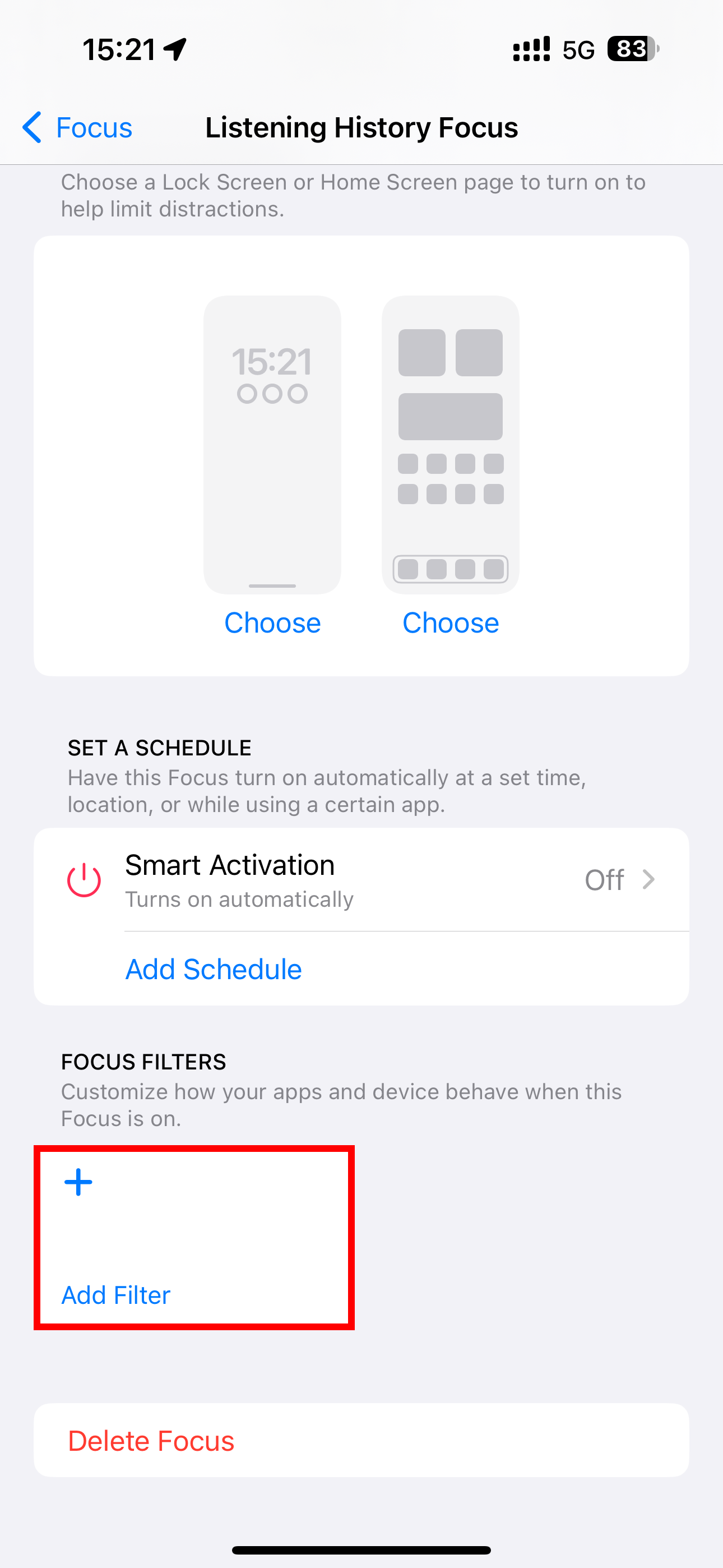 Settings on iPhone displaying the Listening History Focus with the Add Filter option selected.