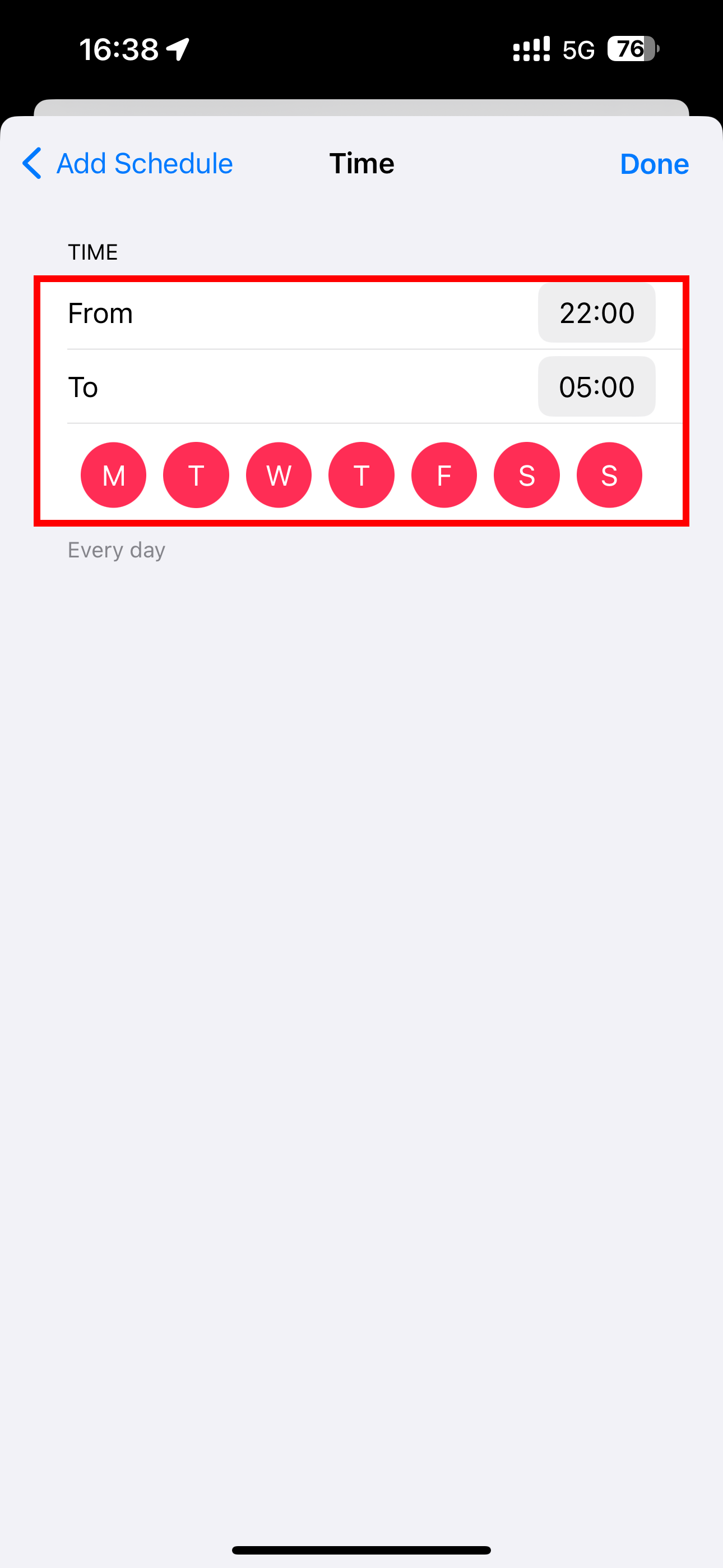 iPhone&rsquo;s Settings app showcasing creating a time schedule for the Listening History Focus mode.