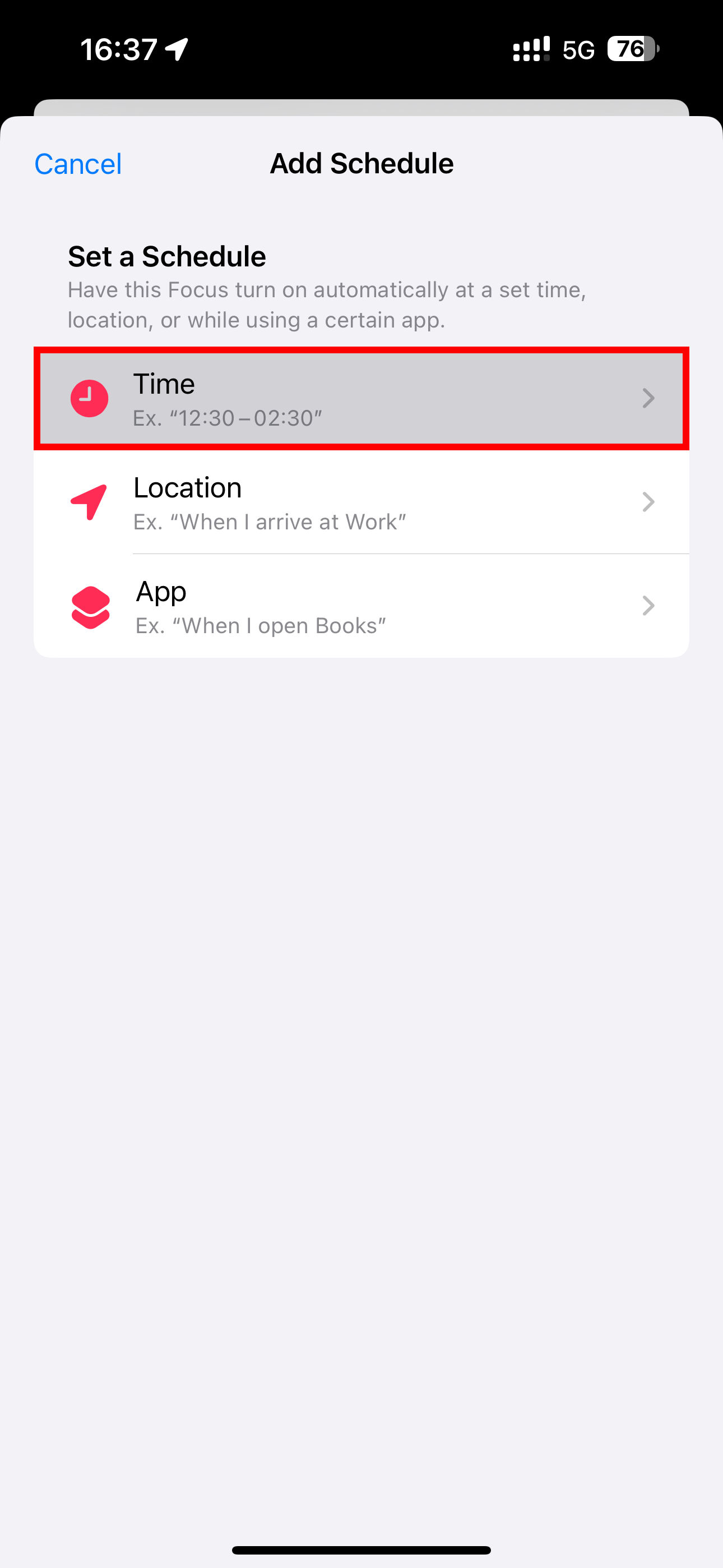 iPhone&rsquo;s Settings app with the time scheduling option selected for the Listening History Focus mode.