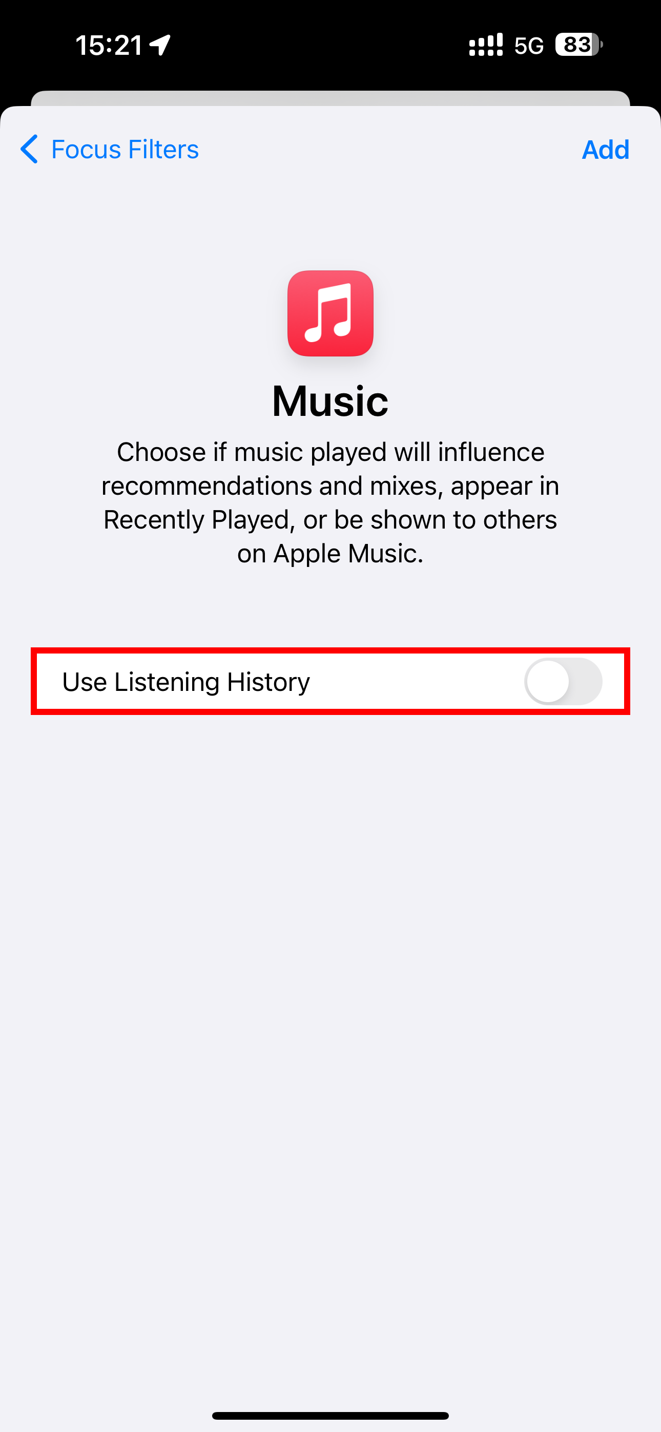 Settings on iPhone showcasing the Apple Music Focus filter with the Use Listening History option disabled.