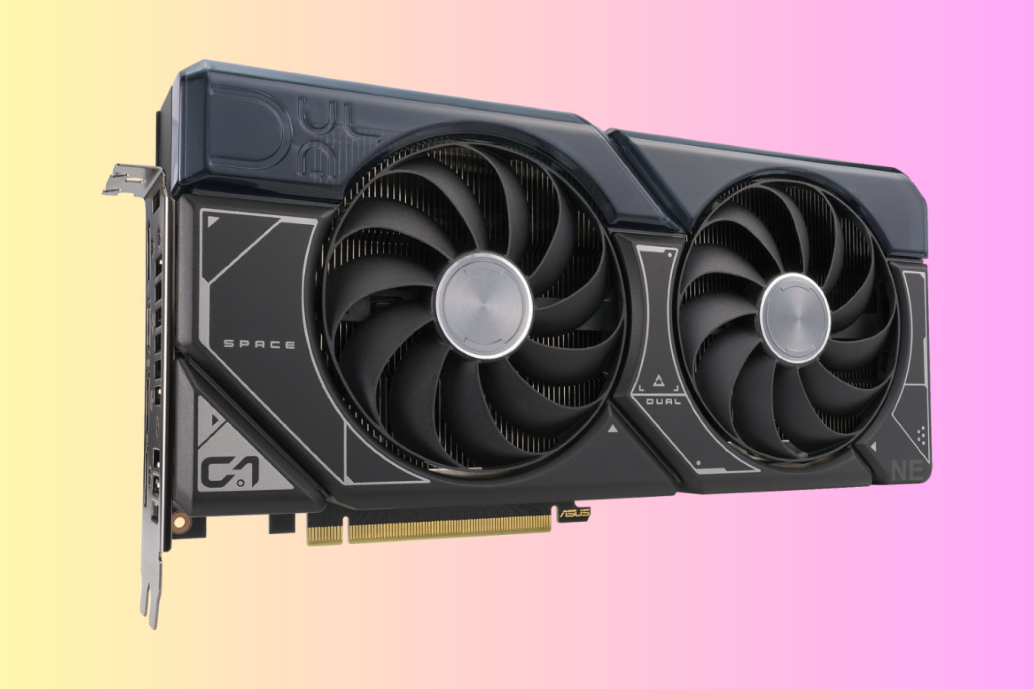 ASUS Dual GeForce RTX 4070 SUPER OC against an orange and pink background.
